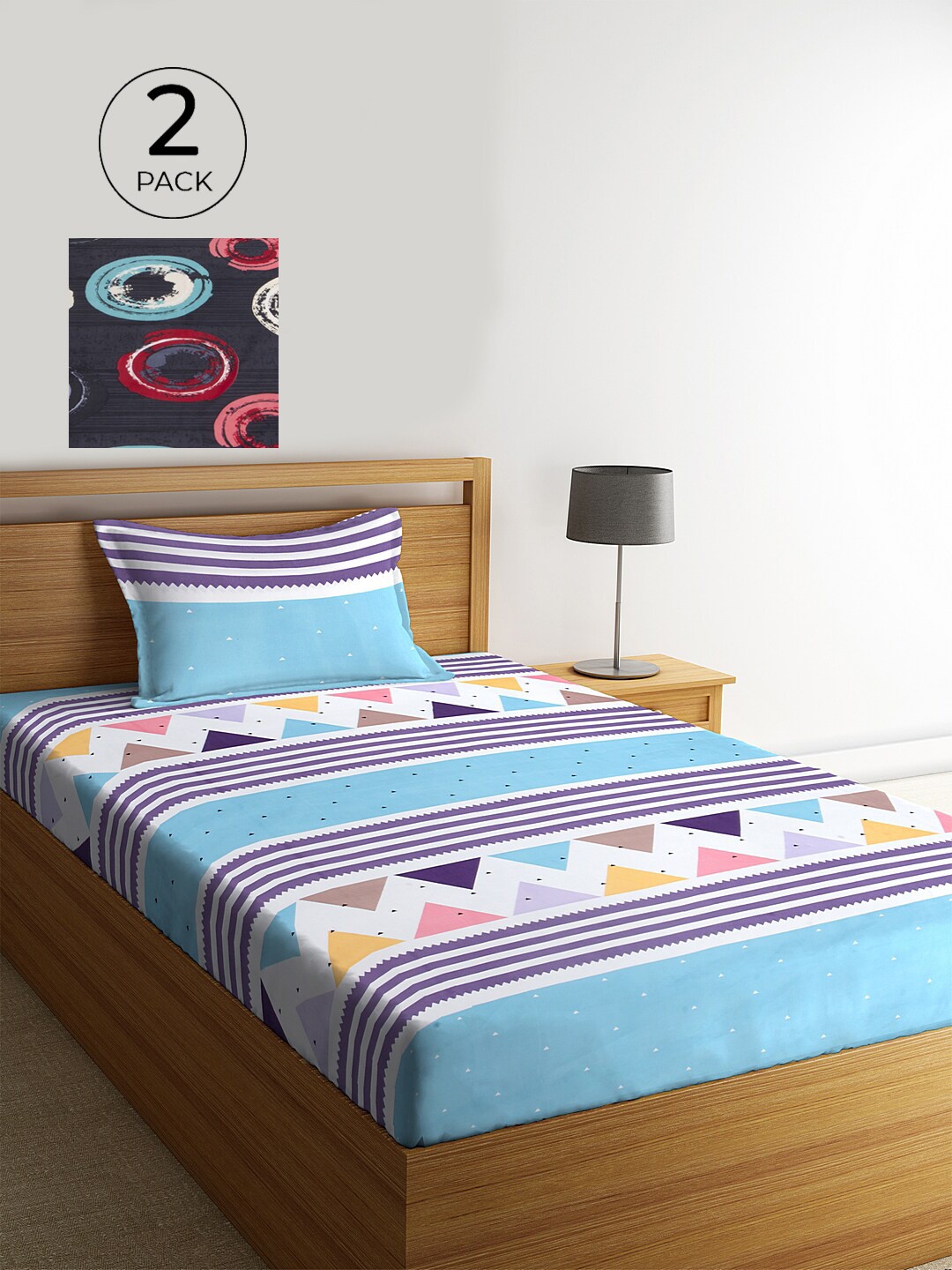 

KLOTTHE Grey & Blue Set Of 2 Geometric 210 TC Single Bedsheet with 2 Pillow Covers
