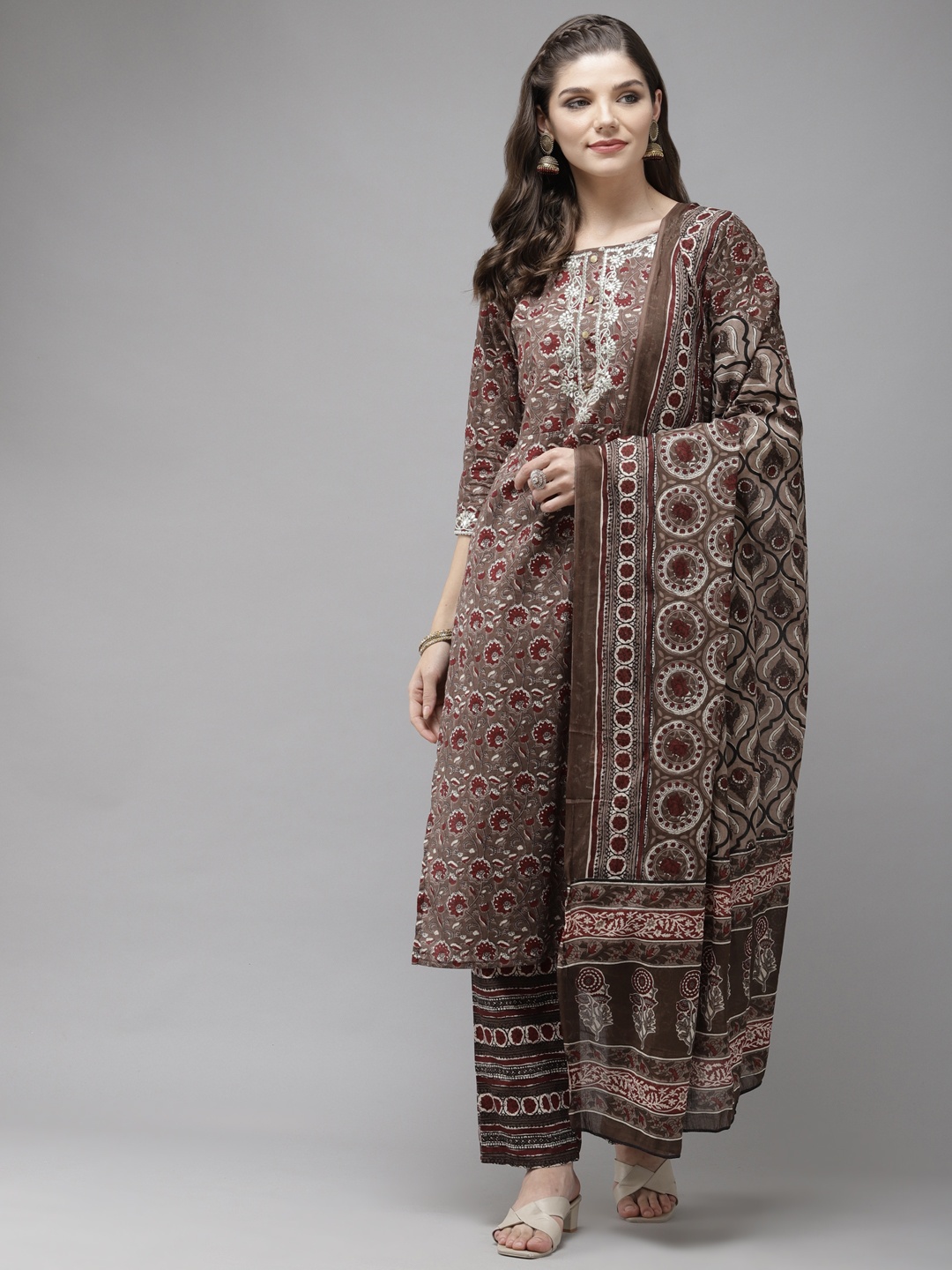 

Anubhutee Women Brown & Maroon Printed Pure Cotton Kurta with Trousers & Dupatta