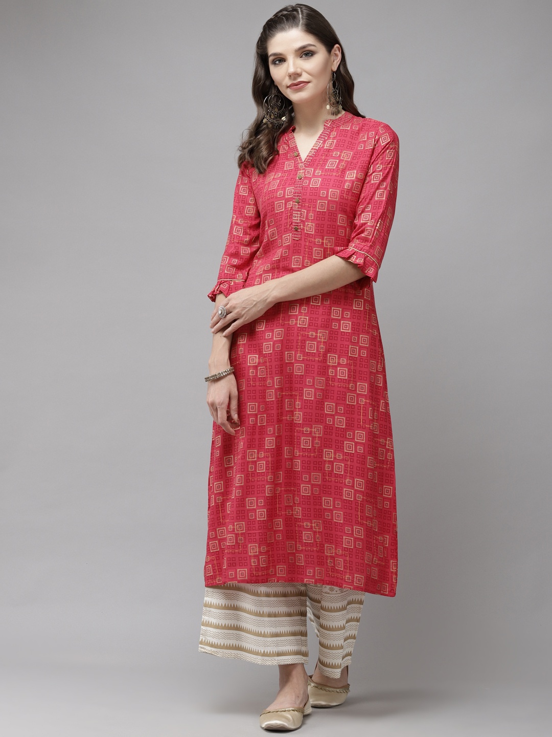 

Anubhutee Women Pink & Off White Printed Kurta with Palazzos