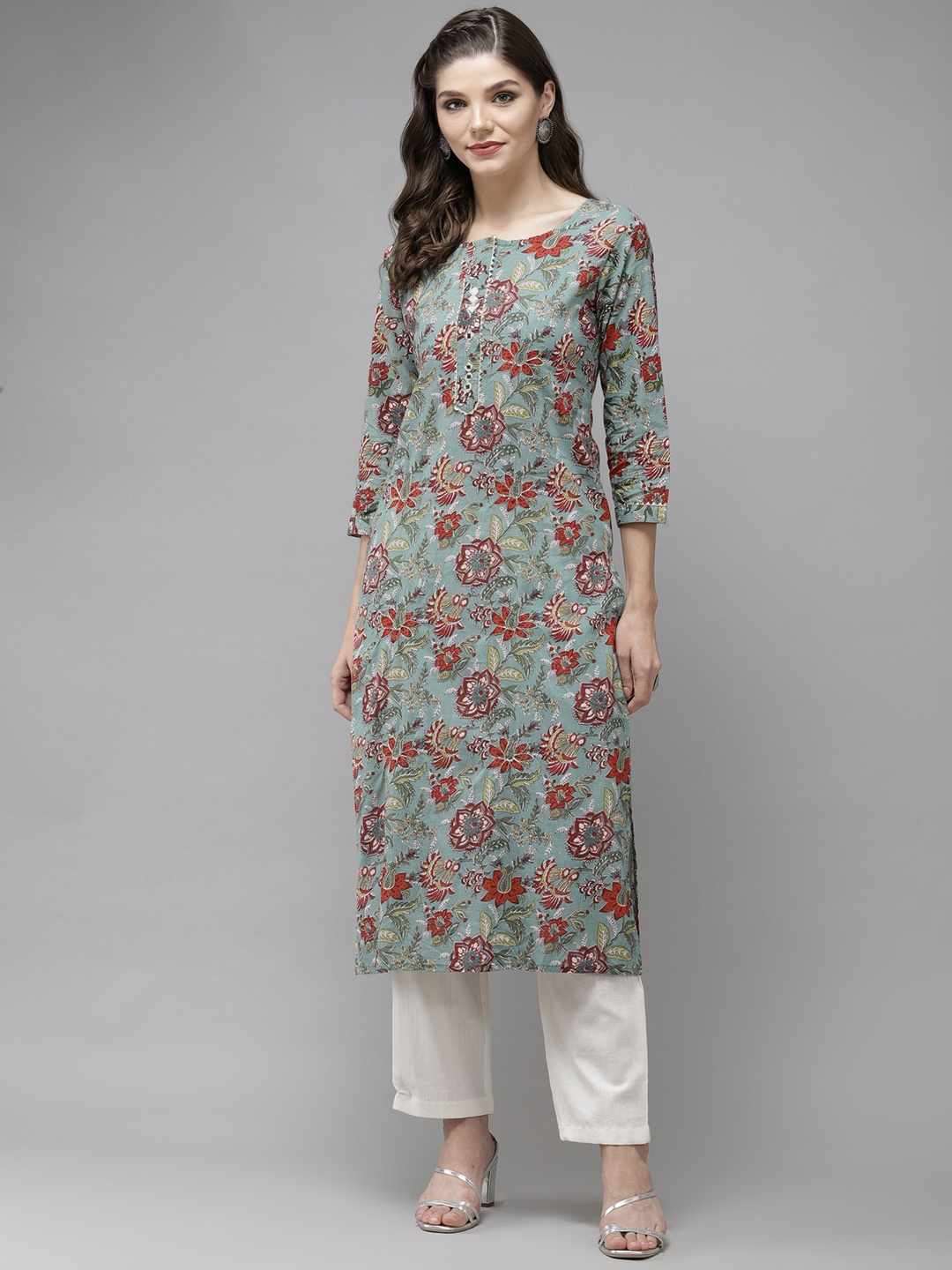

Anubhutee Women Green & Off-White Ethnic Printed Pure Cotton Kurta with Trousers