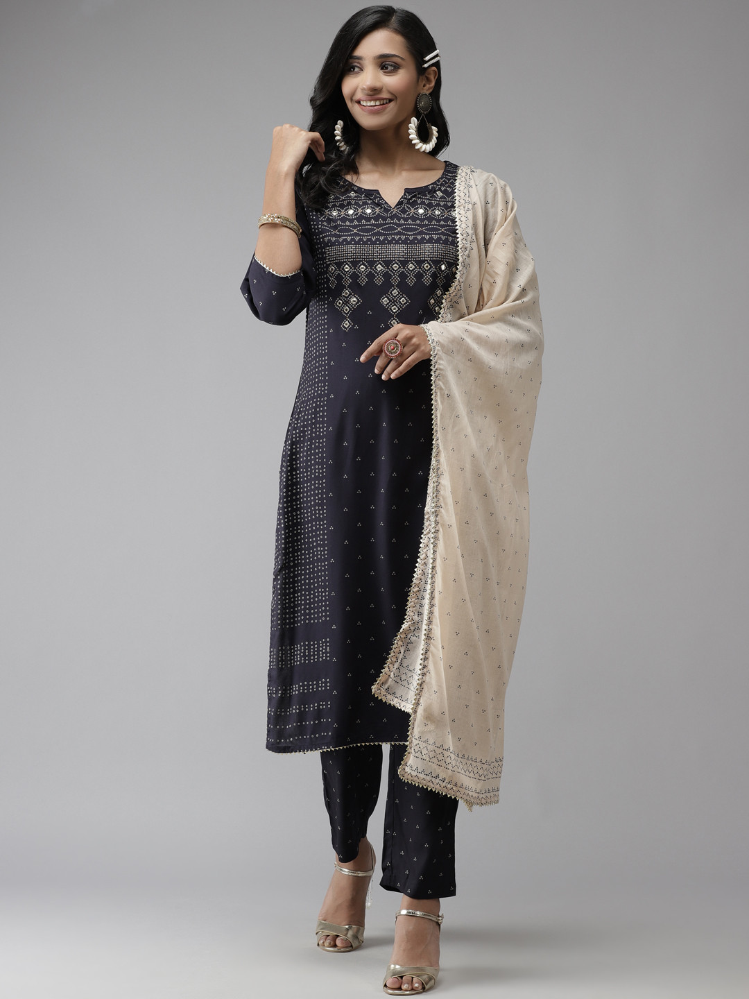 

Anubhutee Women Navy Blue Ethnic Motifs Yoke Design Regular Kurta with Palazzos & With Dupatta