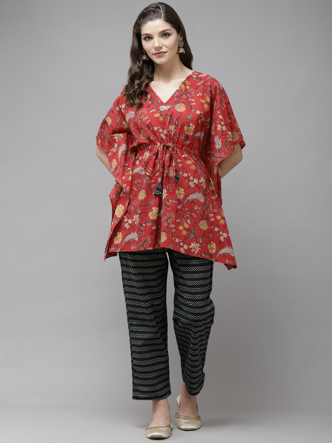 

Anubhutee Women Red Ethnic Motifs Printed Pure Cotton Kurti with Trousers