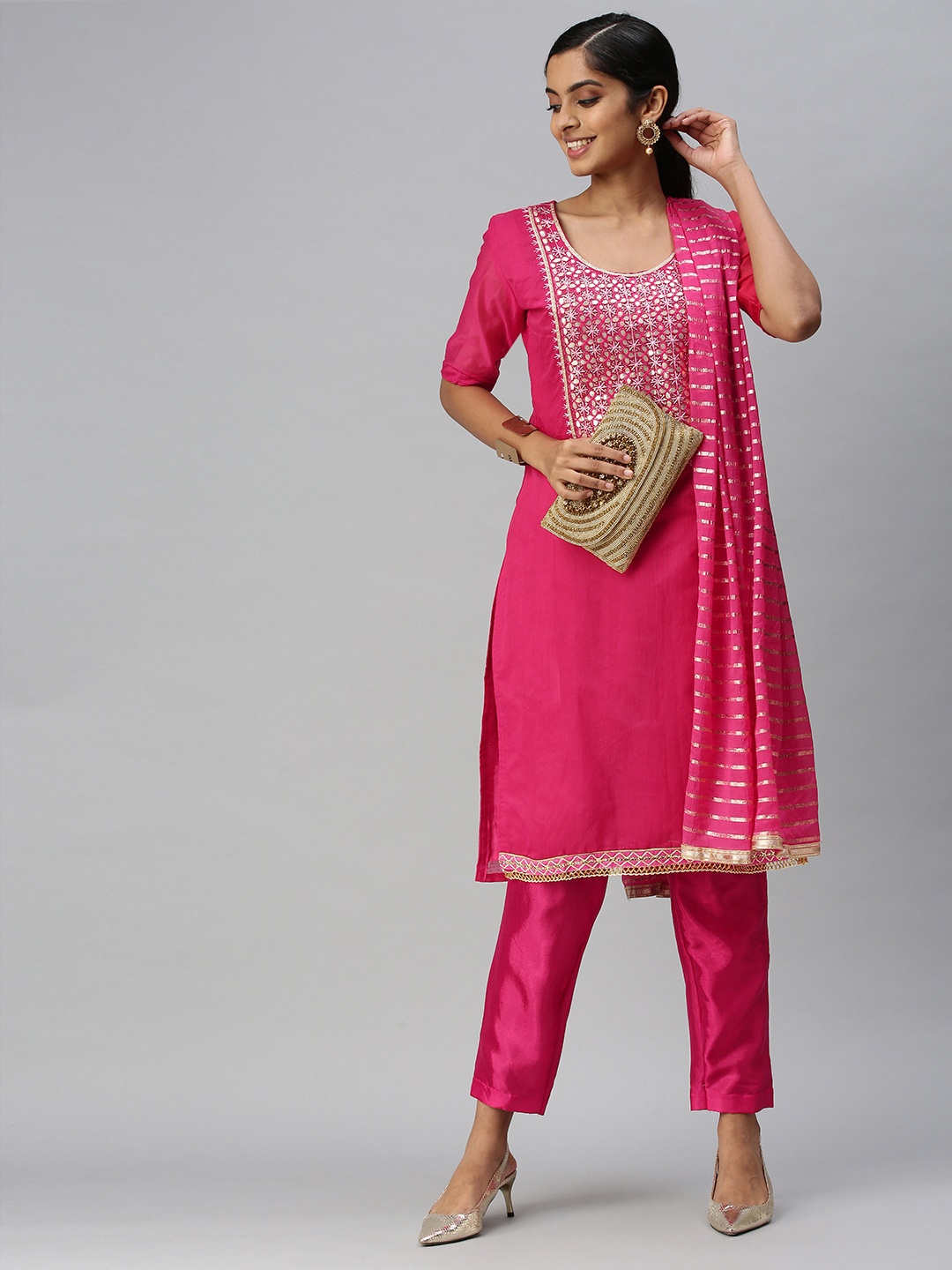 

Blissta Pink Embellished Unstitched Dress Material