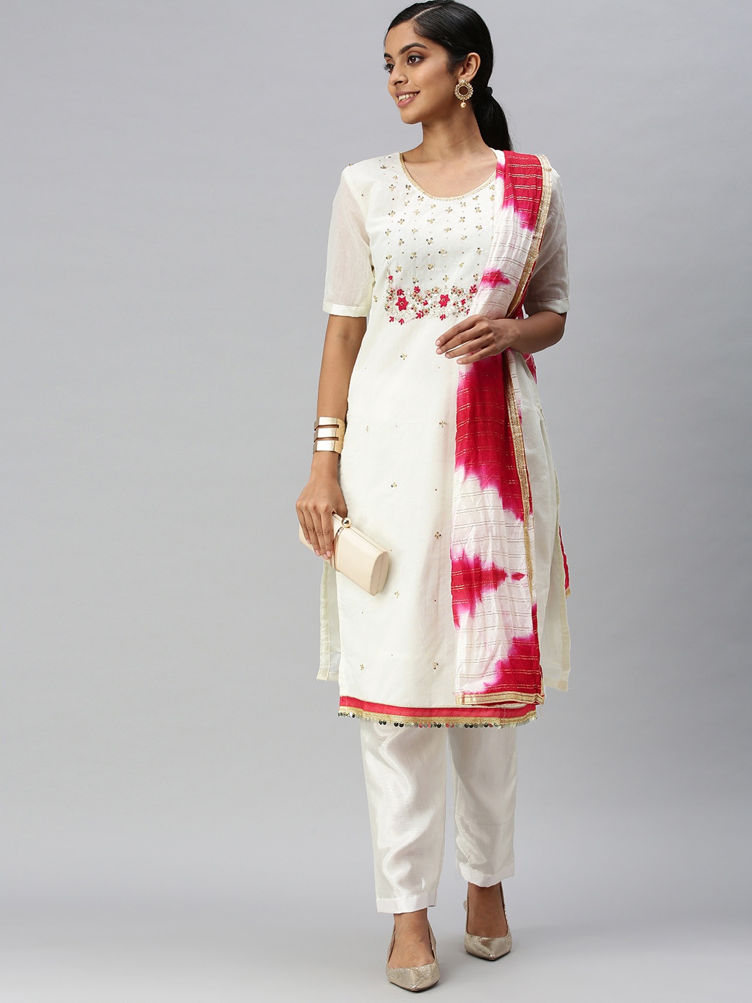 

Blissta White & Pink Embellished Unstitched Dress Material