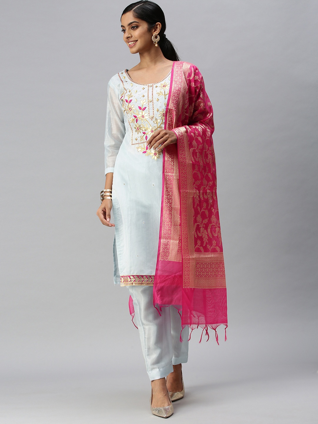 

Blissta Blue & Pink Embellished Unstitched Dress Material