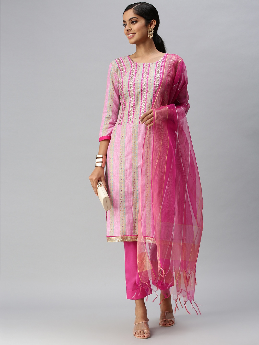 

Blissta Pink Embellished Unstitched Dress Material