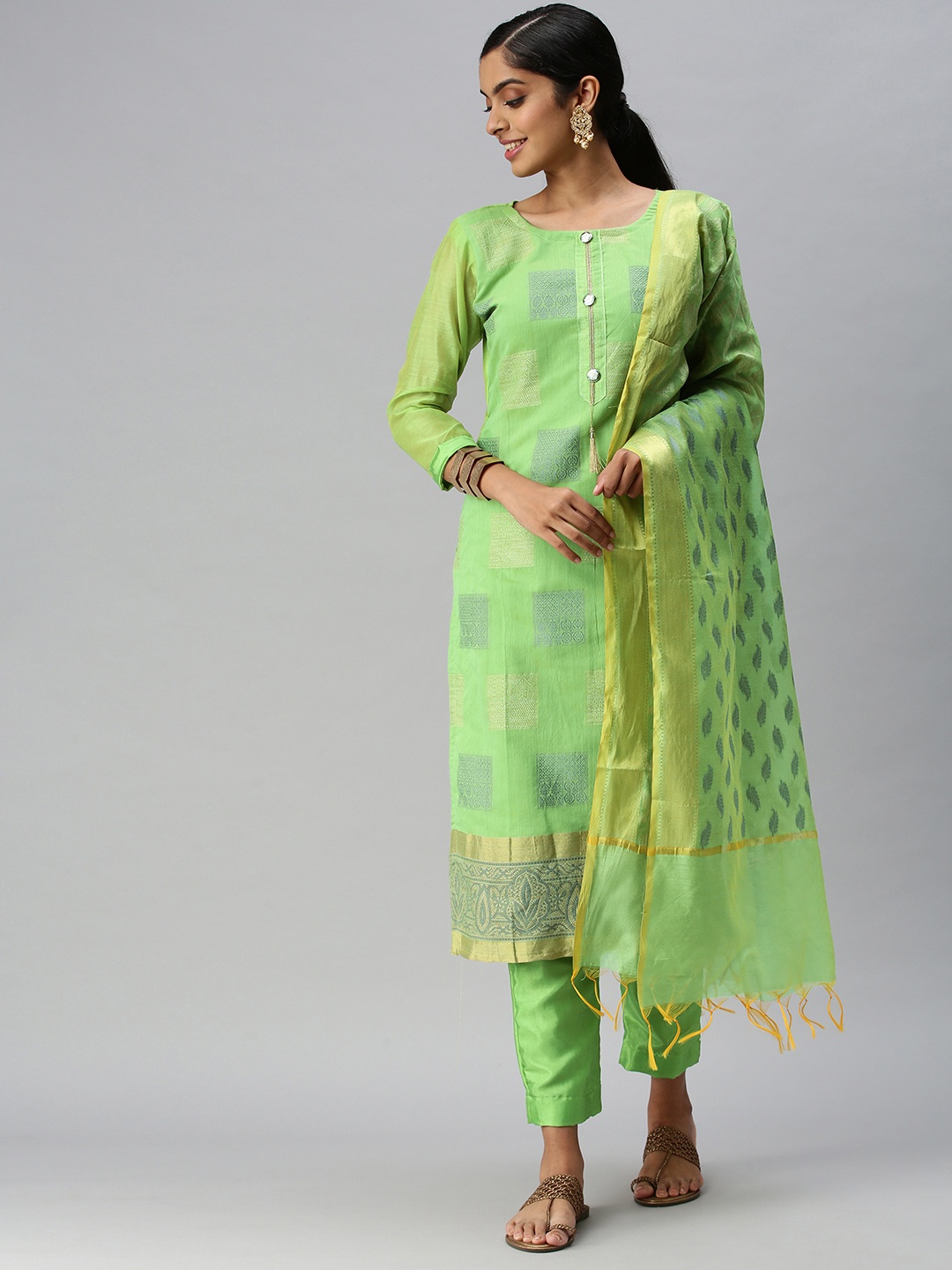 

Blissta Green & Gold-Toned Unstitched Dress Material
