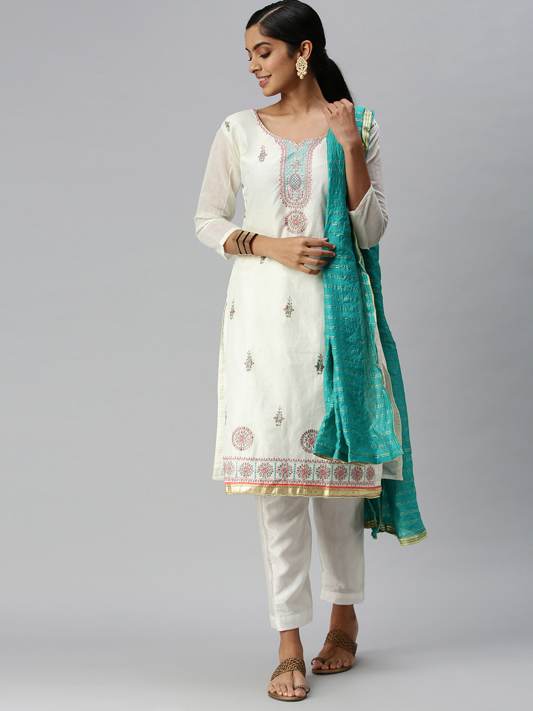 

Blissta White & Green Embroidered Unstitched Dress Material