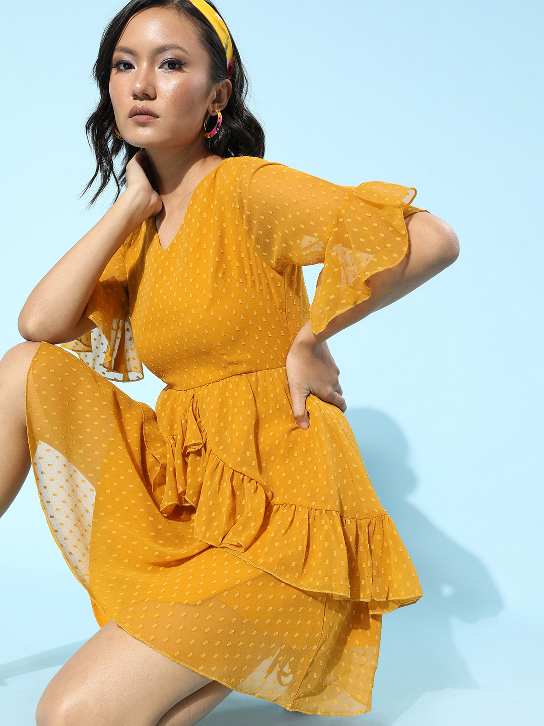 

Berrylush Women Stylish Mustard Self-Design Feminine Frills Dress