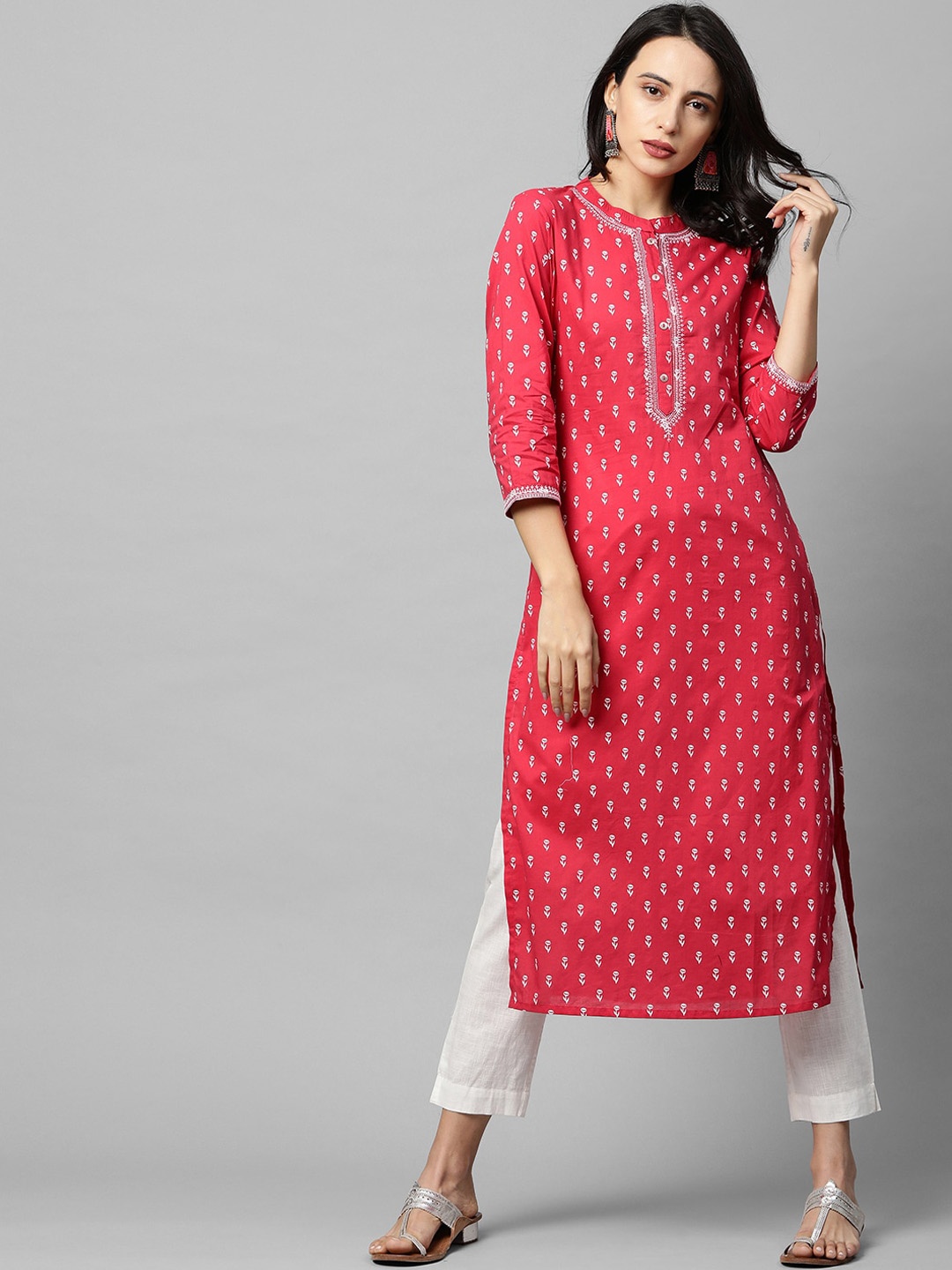 

FASHOR Women Pink & Off White Floral Printed Kurta