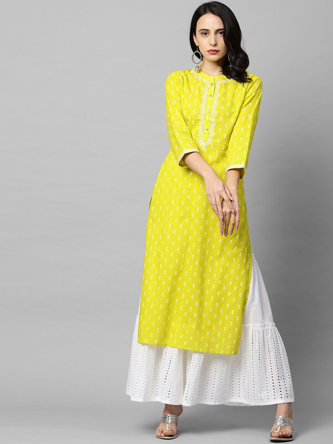 

FASHOR Women Lime Green & Off White Floral Printed Kurta