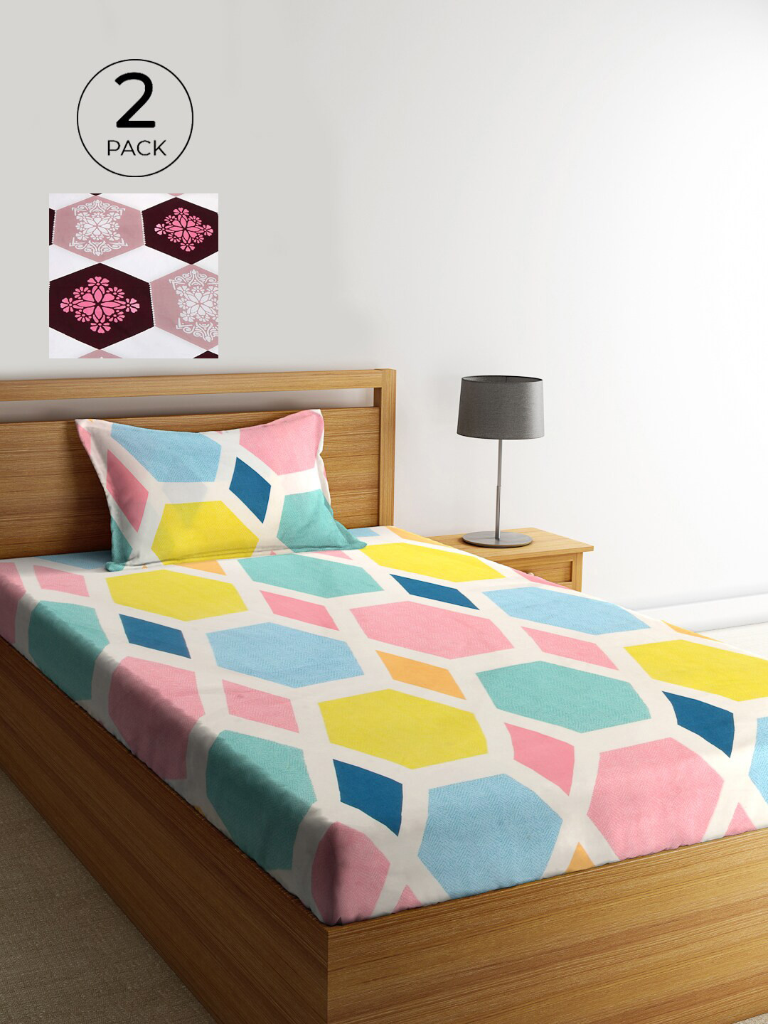 

KLOTTHE Set Of 2 Multicoloured Geometric 210 TC Single Bedsheet with 2 Pillow Covers, Multi