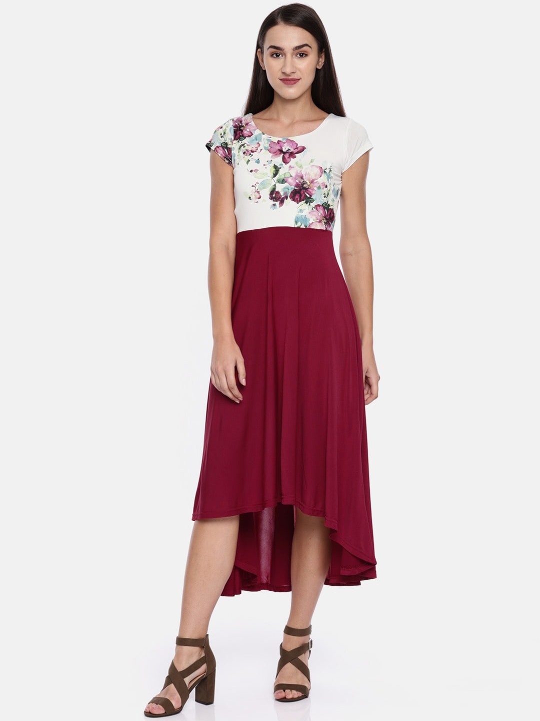 

Ira Soleil Maroon & White Colourblocked Midi Dress