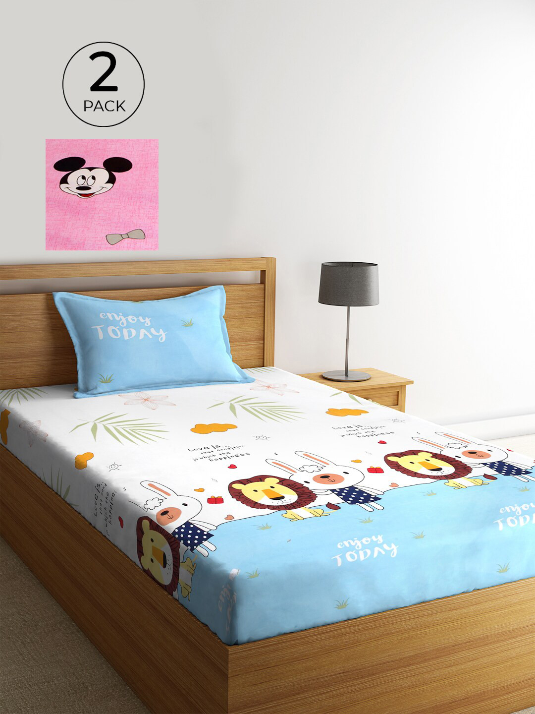 

KLOTTHE Set Of 2 Cartoon Characters 210 TC Single Bedsheet with 2 Pillow Covers, Multi