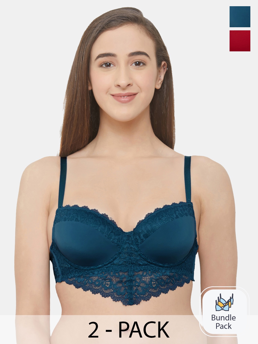 

SOIE Semi/Medium Coverage Padded Wired Demi Cup Lace Bra-Pack of 2, Turquoise blue