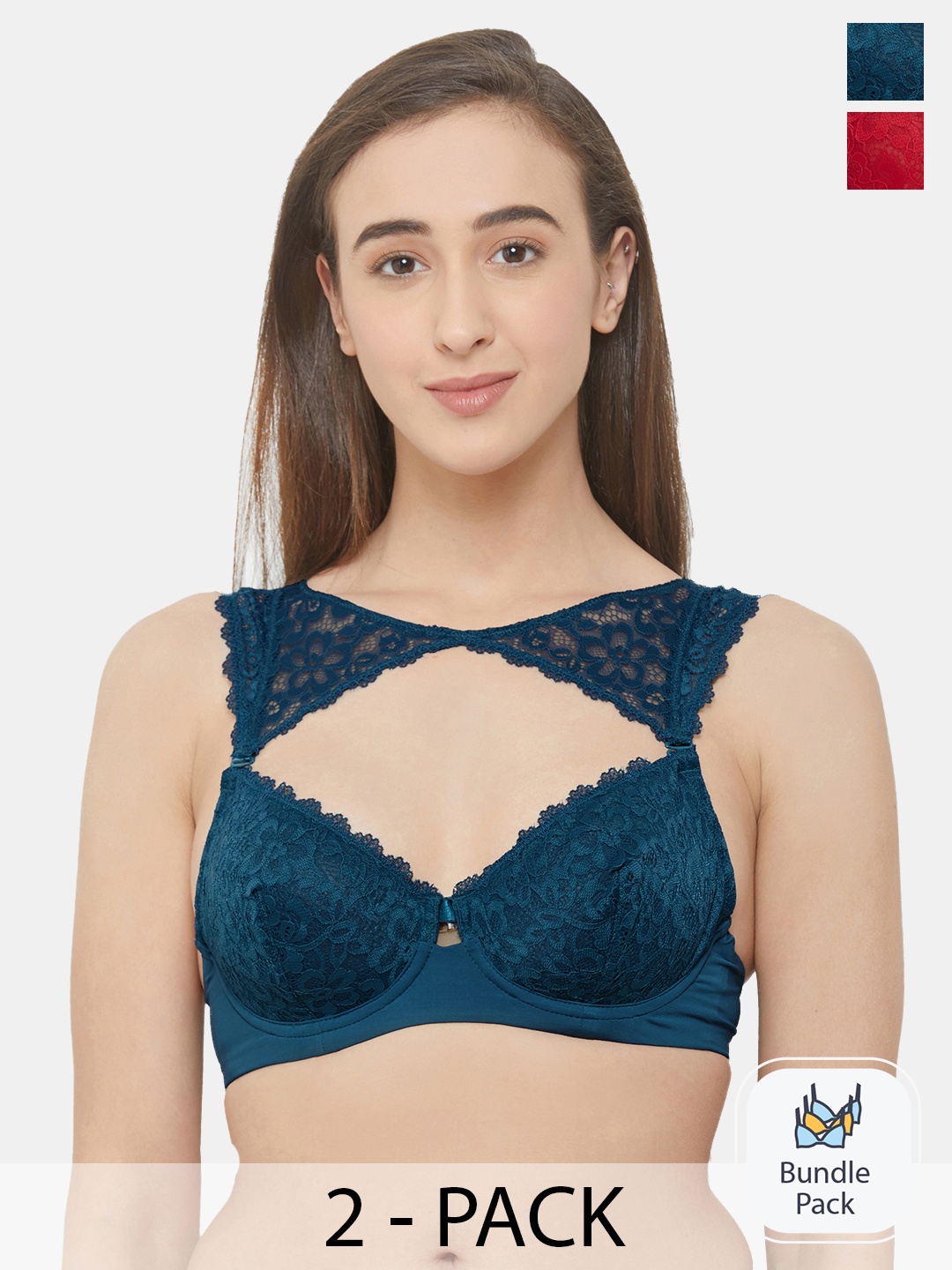 

SOIE Women Medium Coverage Non Padded Wired Demi Cup Bra with Detachable Lace Harness, Blue