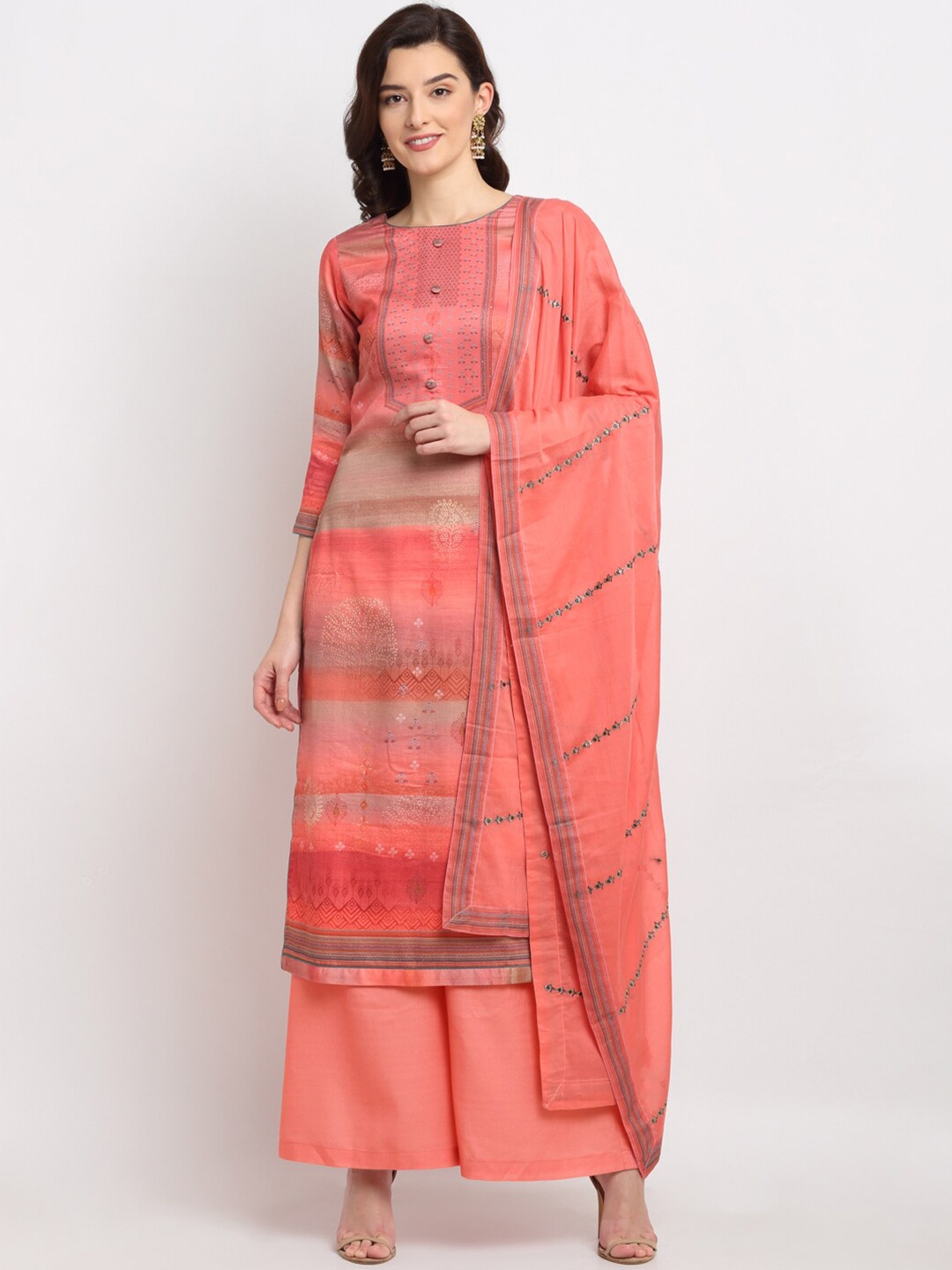 

Stylee LIFESTYLE Peach-Coloured & Gold-Toned Digitally Printed Unstitched Dress Material