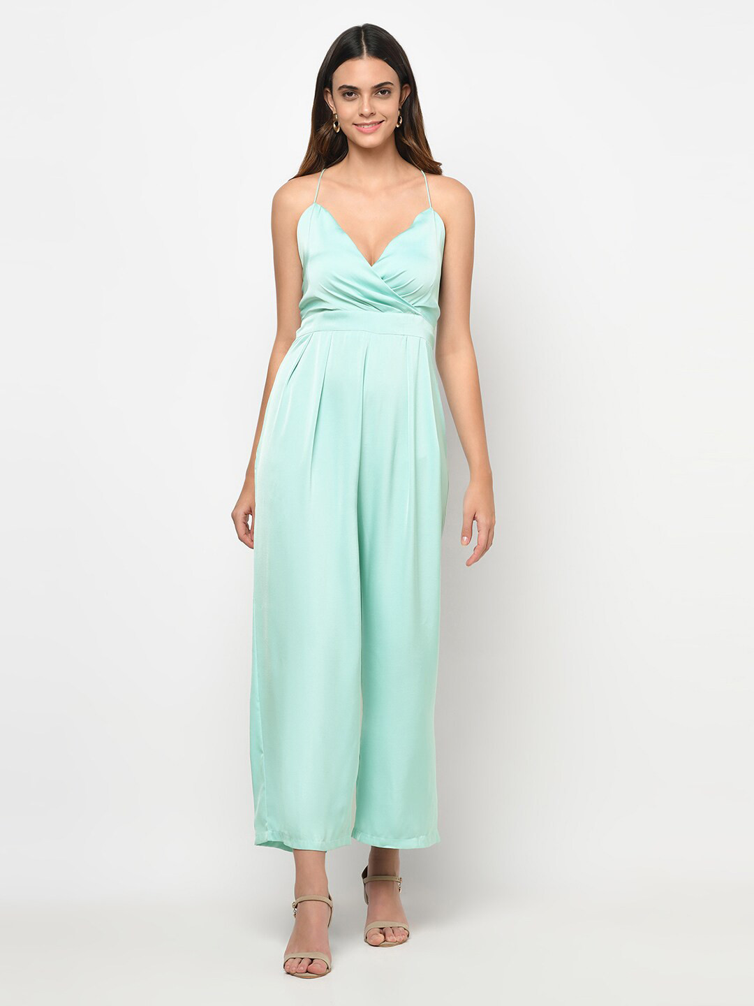 

iki chic Women Green Solid Satin Sweetheart Neckline Flared Jumpsuit