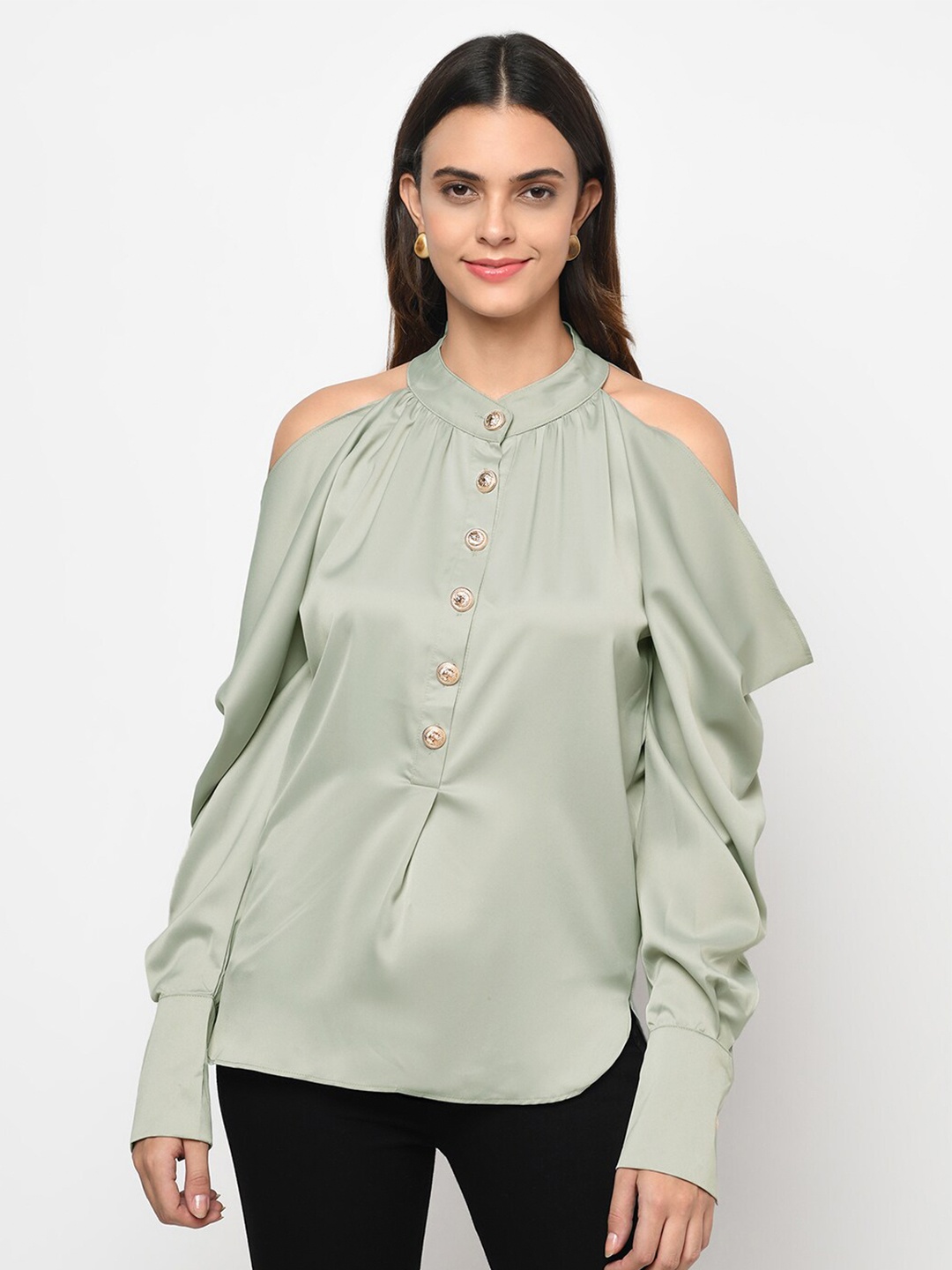 

iki chic Green Mandarin Collar Satin Cold Shoulder Sleeves Top