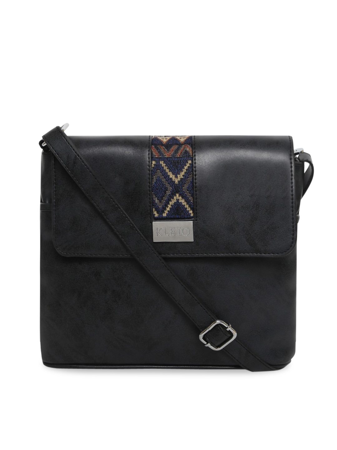 

KLEIO Black Structured Flap Over Sling Bag with Quilted