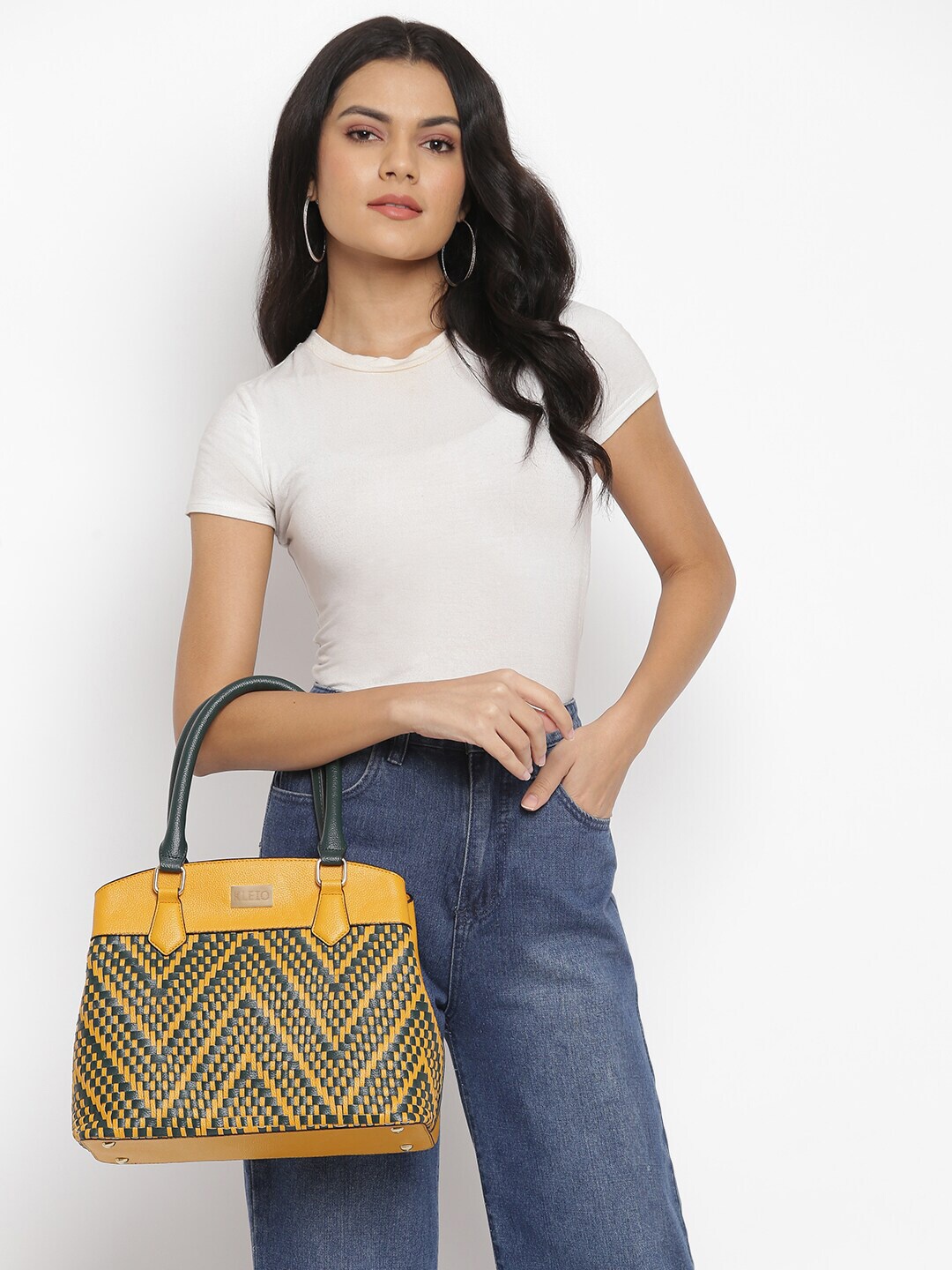 

KLEIO Colour Blocked Weave Satchel Handbag, Mustard