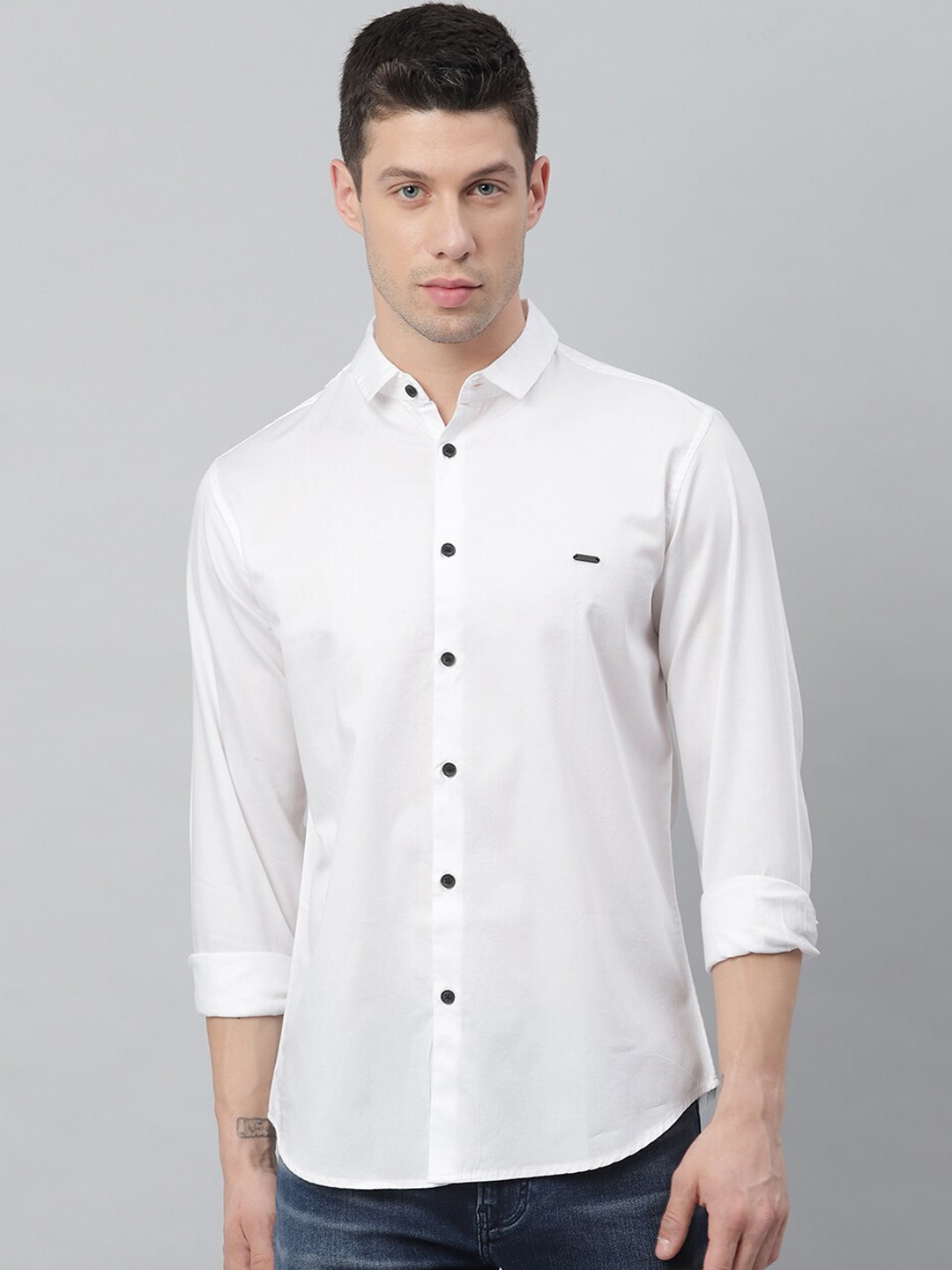 

Dennis Lingo Men White Slim Fit Opaque Cotton Casual Shirt