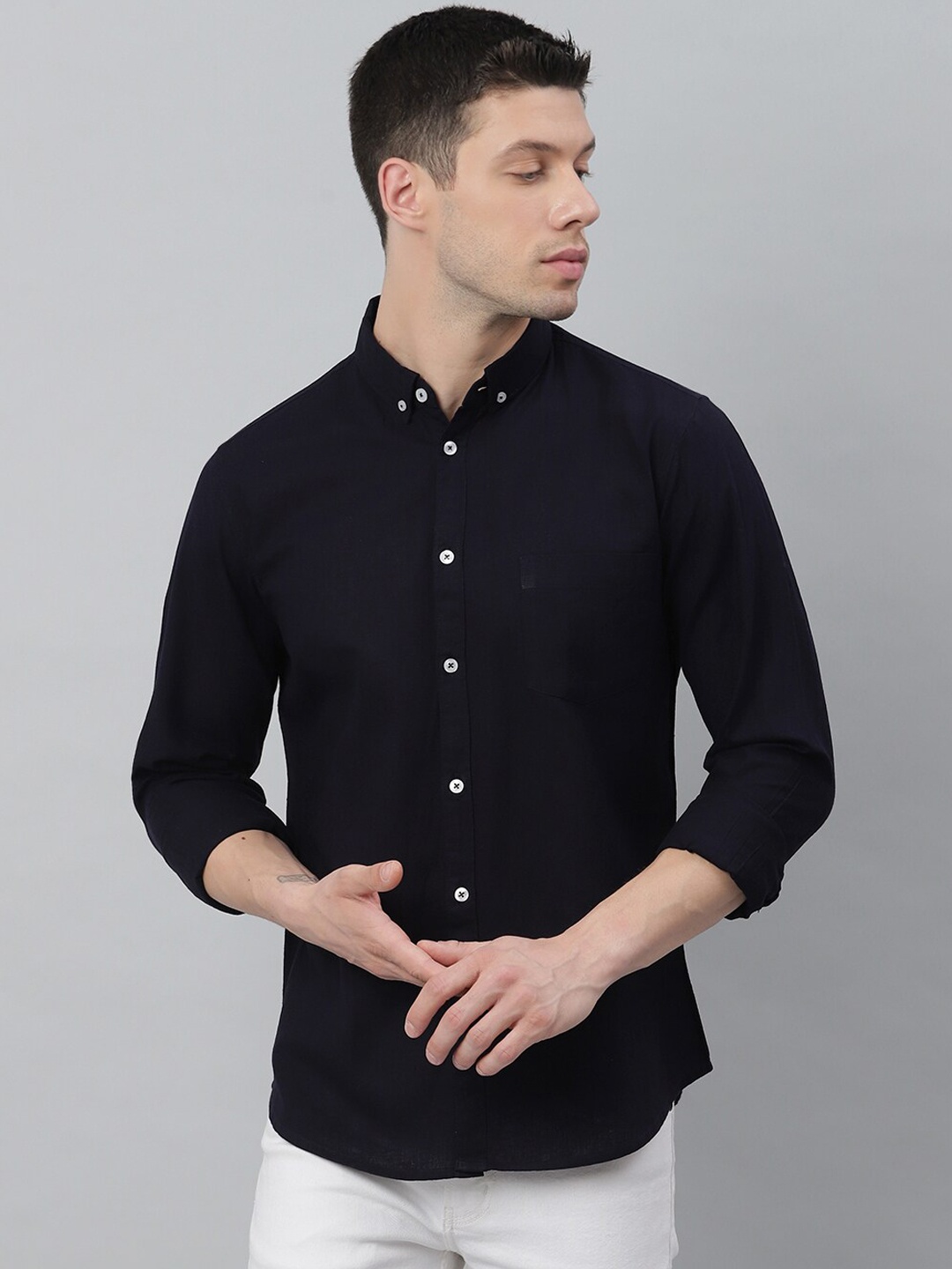 

Dennis Lingo Men Navy Blue Slim Fit Opaque Cotton Casual Shirt