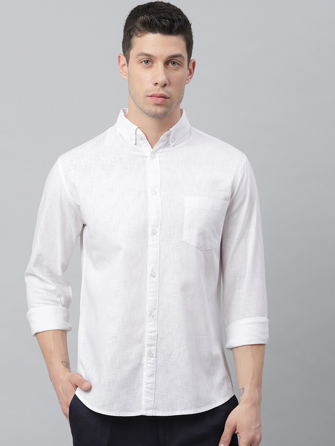 

Dennis Lingo Men White Slim Fit Opaque Cotton Casual Shirt