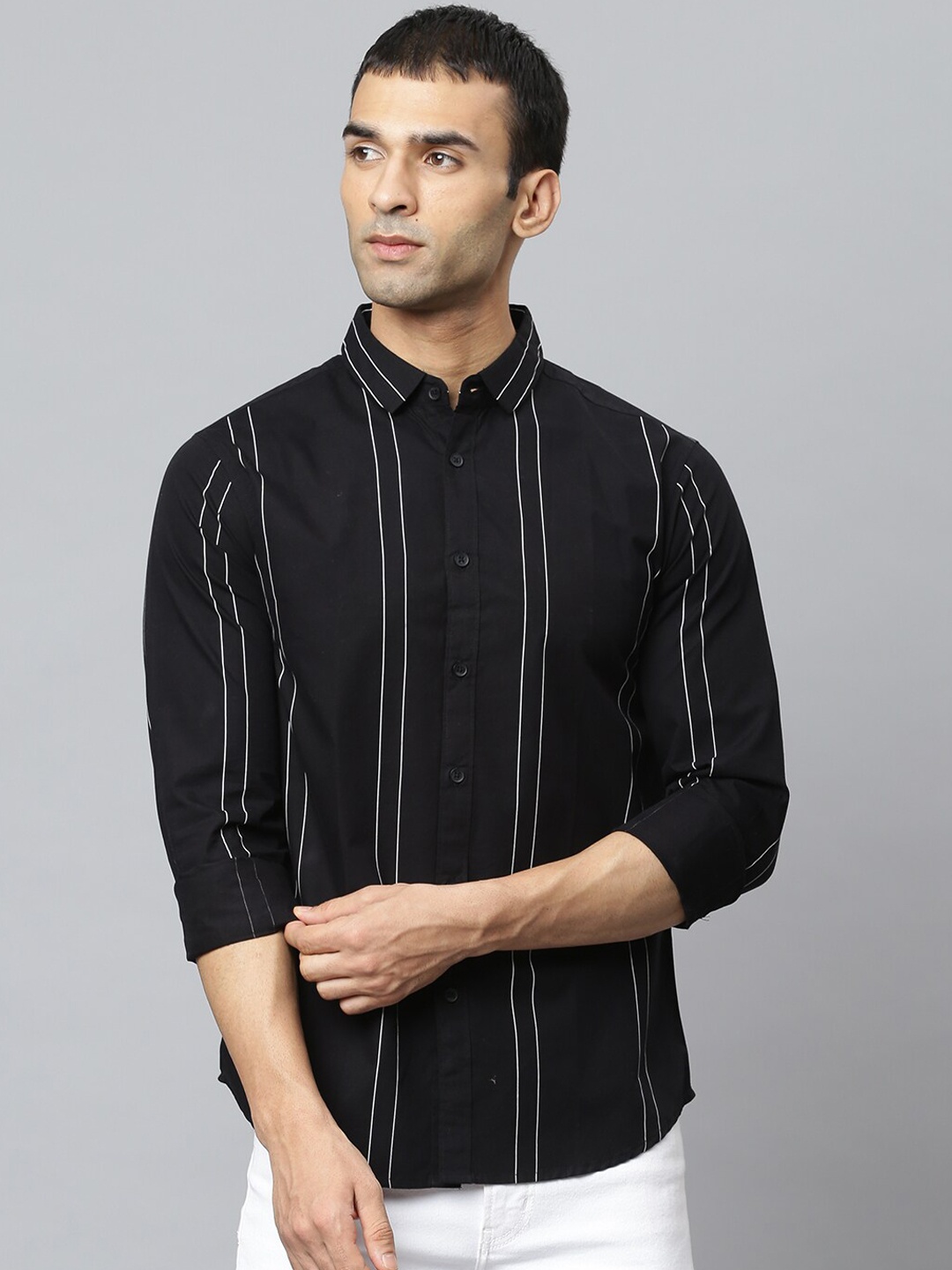 

Dennis Lingo Men Black & White Slim Fit Opaque Striped Cotton Casual Shirt