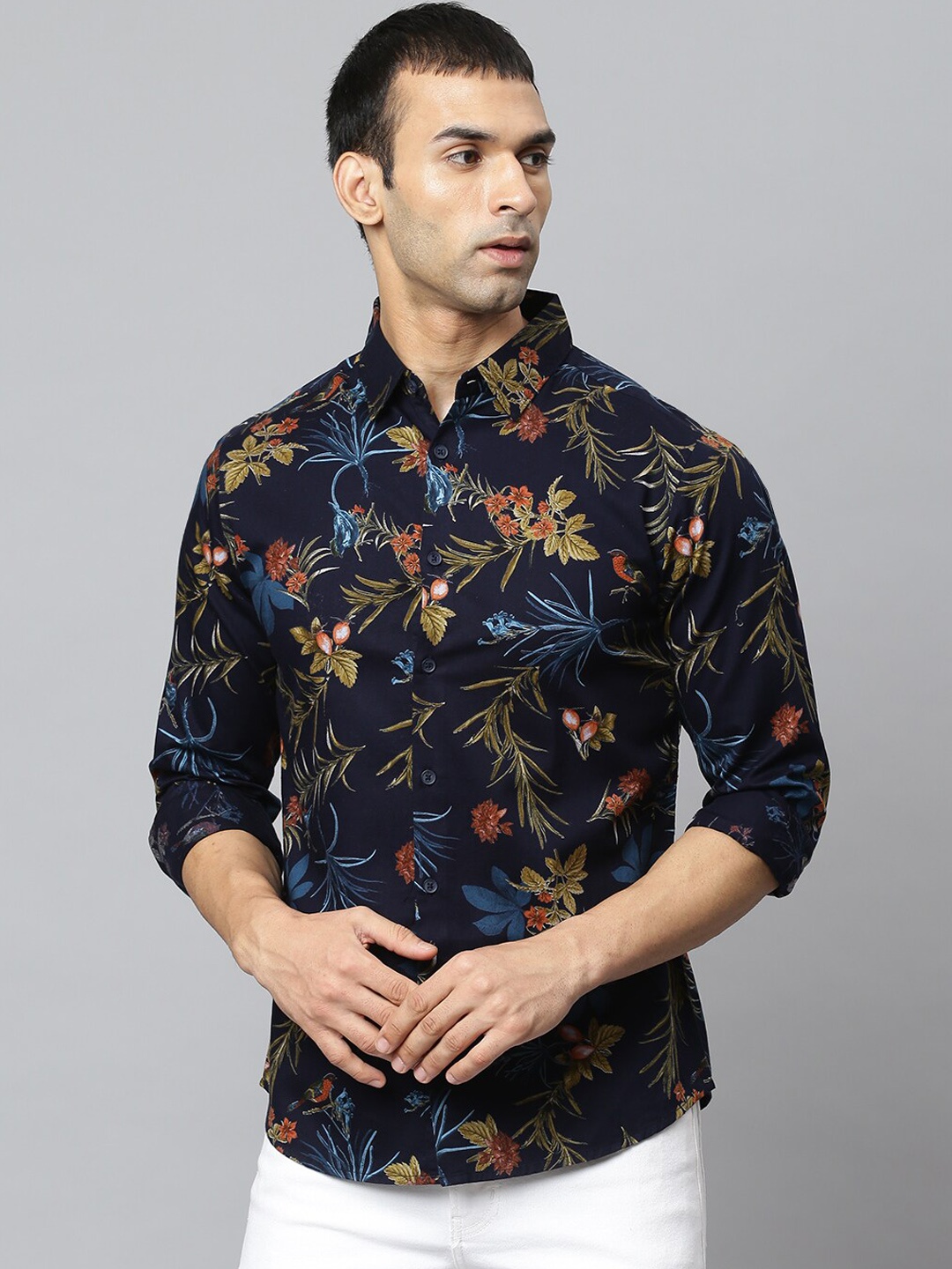

Dennis Lingo Men Navy Blue Slim Fit Floral Opaque Printed Cotton Casual Shirt