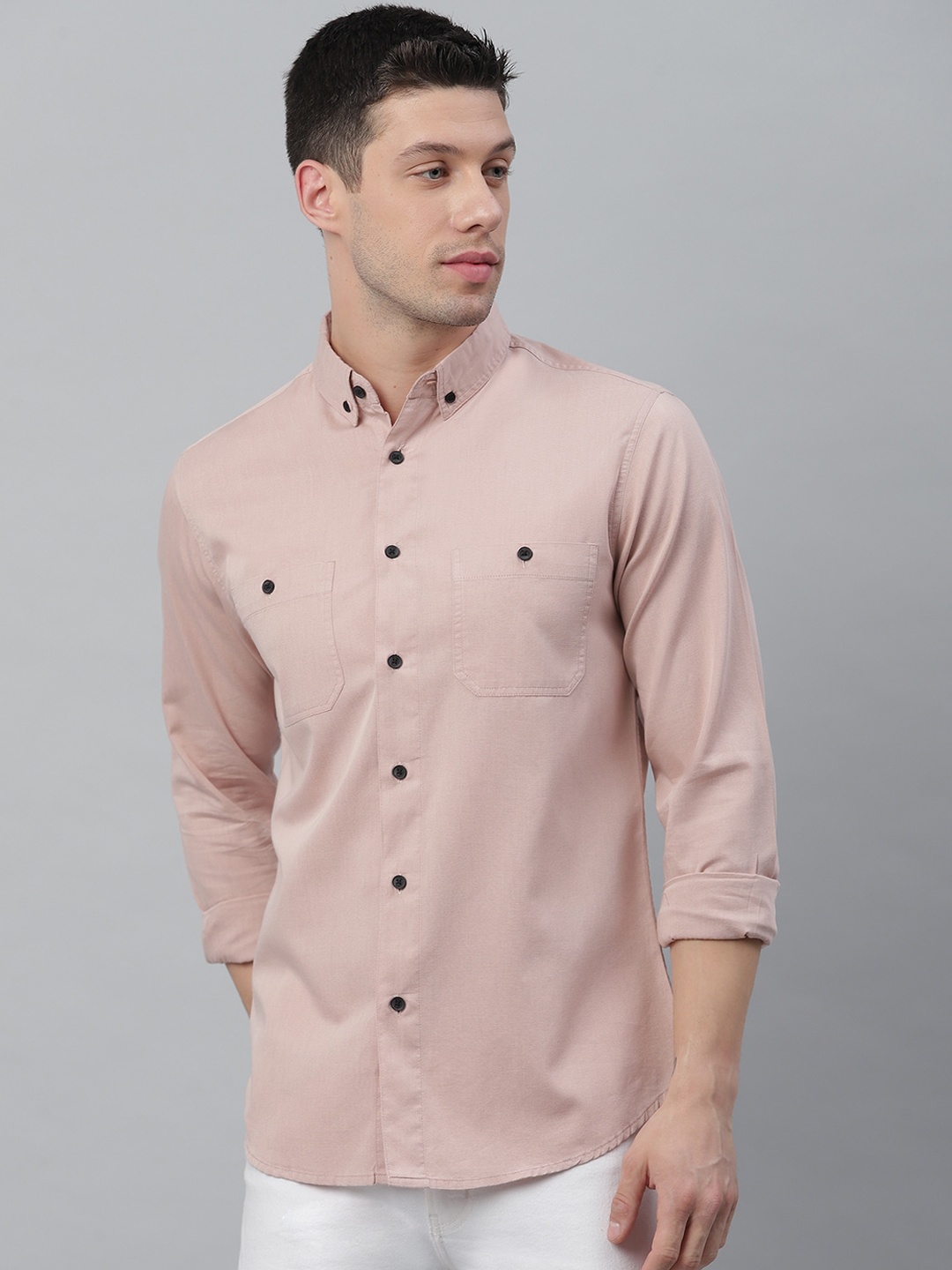 

Dennis Lingo Men Peach-Coloured Slim Fit Opaque Cotton Casual Shirt