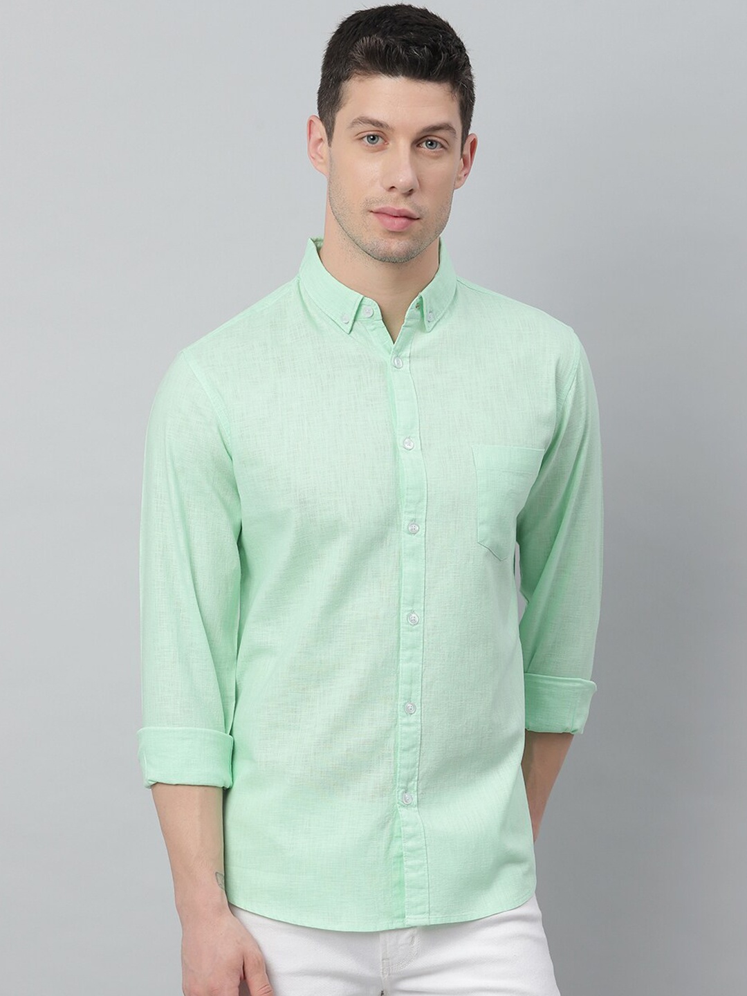 

Dennis Lingo Men Green Slim Fit Opaque Cotton Casual Shirt