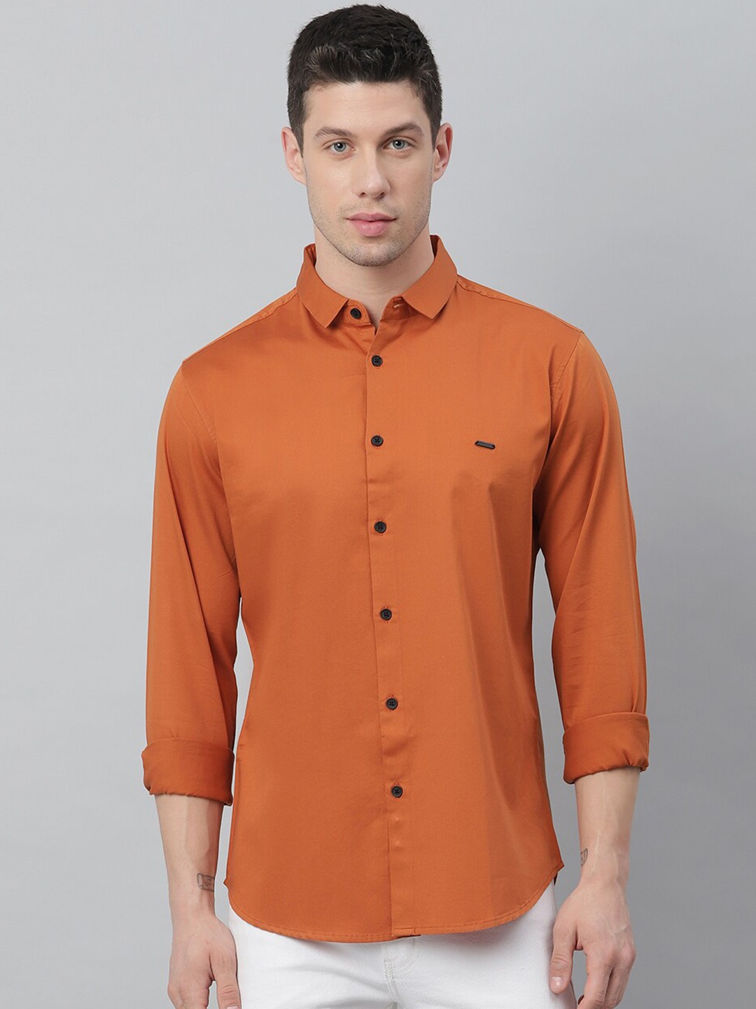

Dennis Lingo Men Mustard Orange Slim Fit Opaque Cotton Casual Shirt