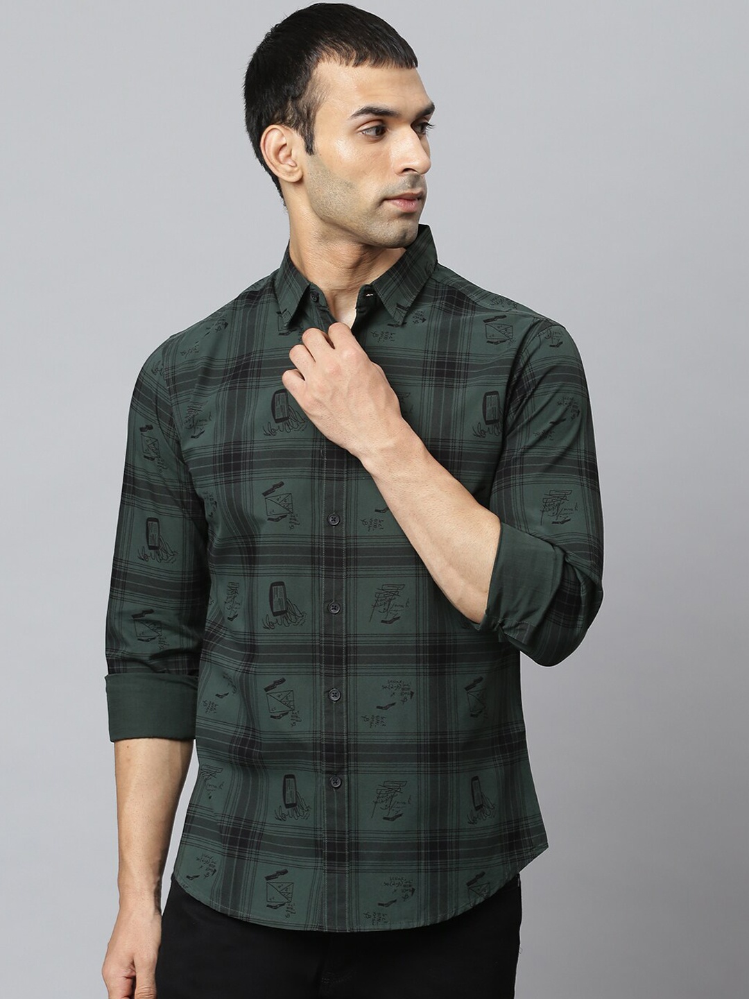 

Dennis Lingo Men Green & Black Slim Fit Tartan Checks Opaque Cotton Casual Shirt