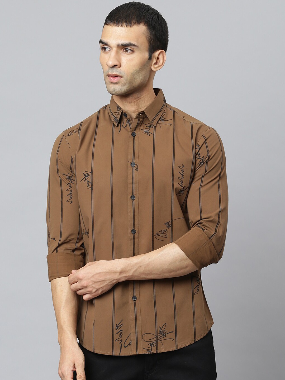 

Dennis Lingo Men Brown & Black Slim Fit Opaque Striped Cotton Casual Shirt