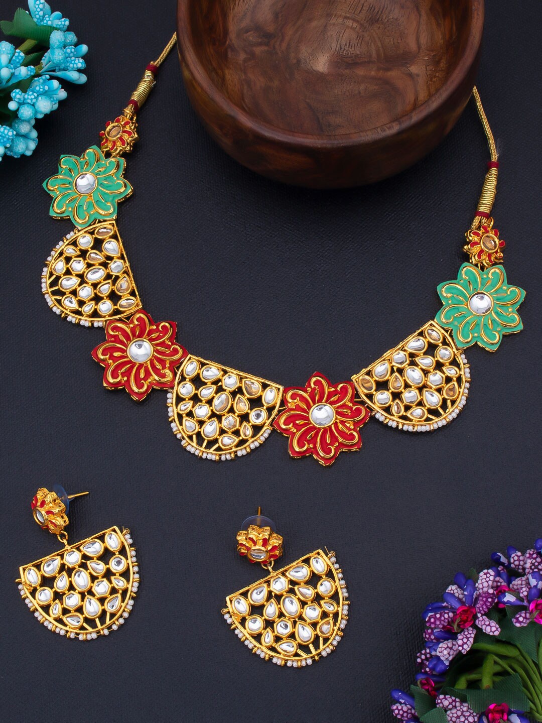 Sukkhi Gold-Plated Red & Green Kundan-Studded Floral Jewellery Set