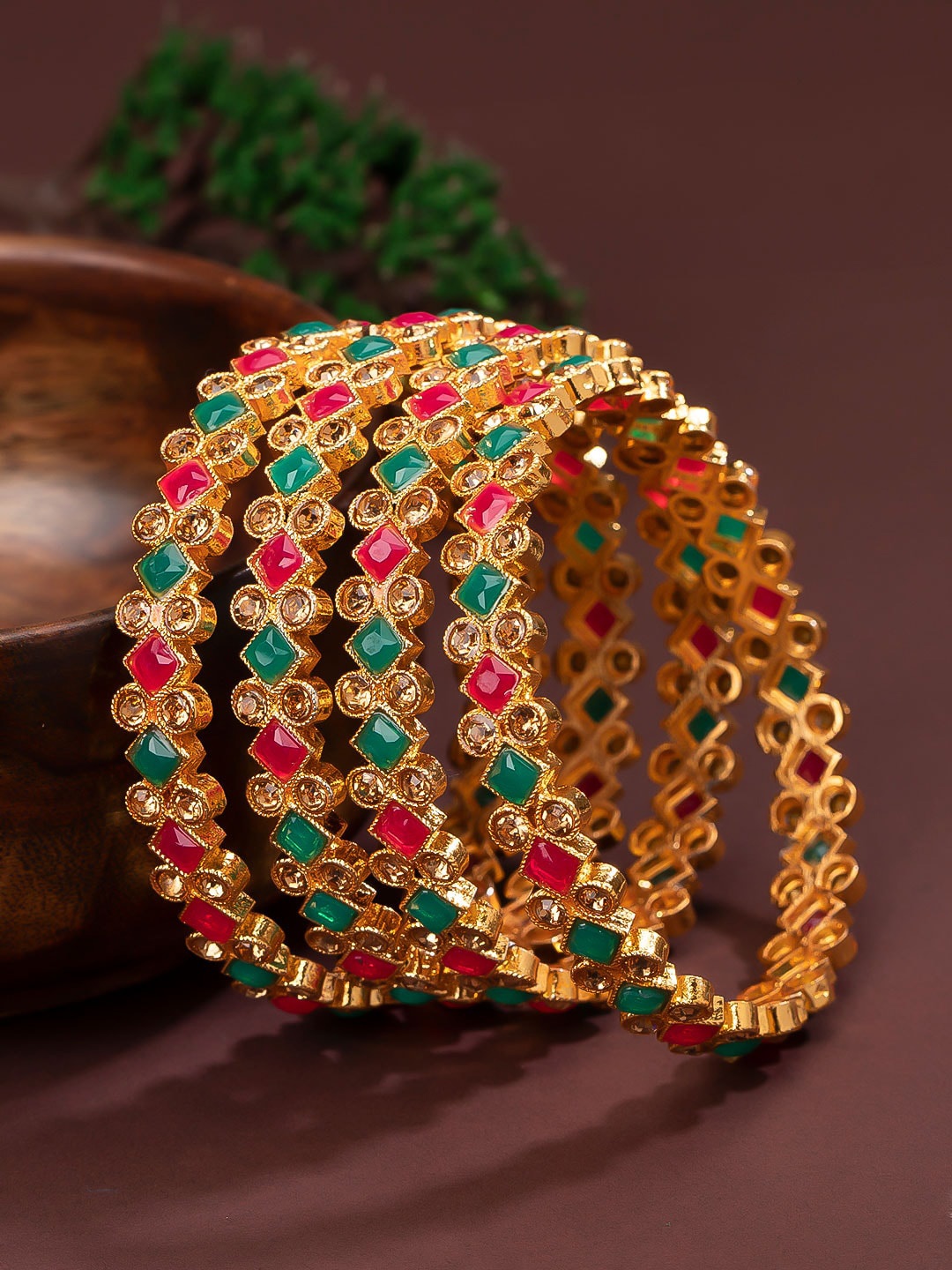 

Sukkhi Set Of 4 Gold-Plated Red & Green Stone-Studded Bangles