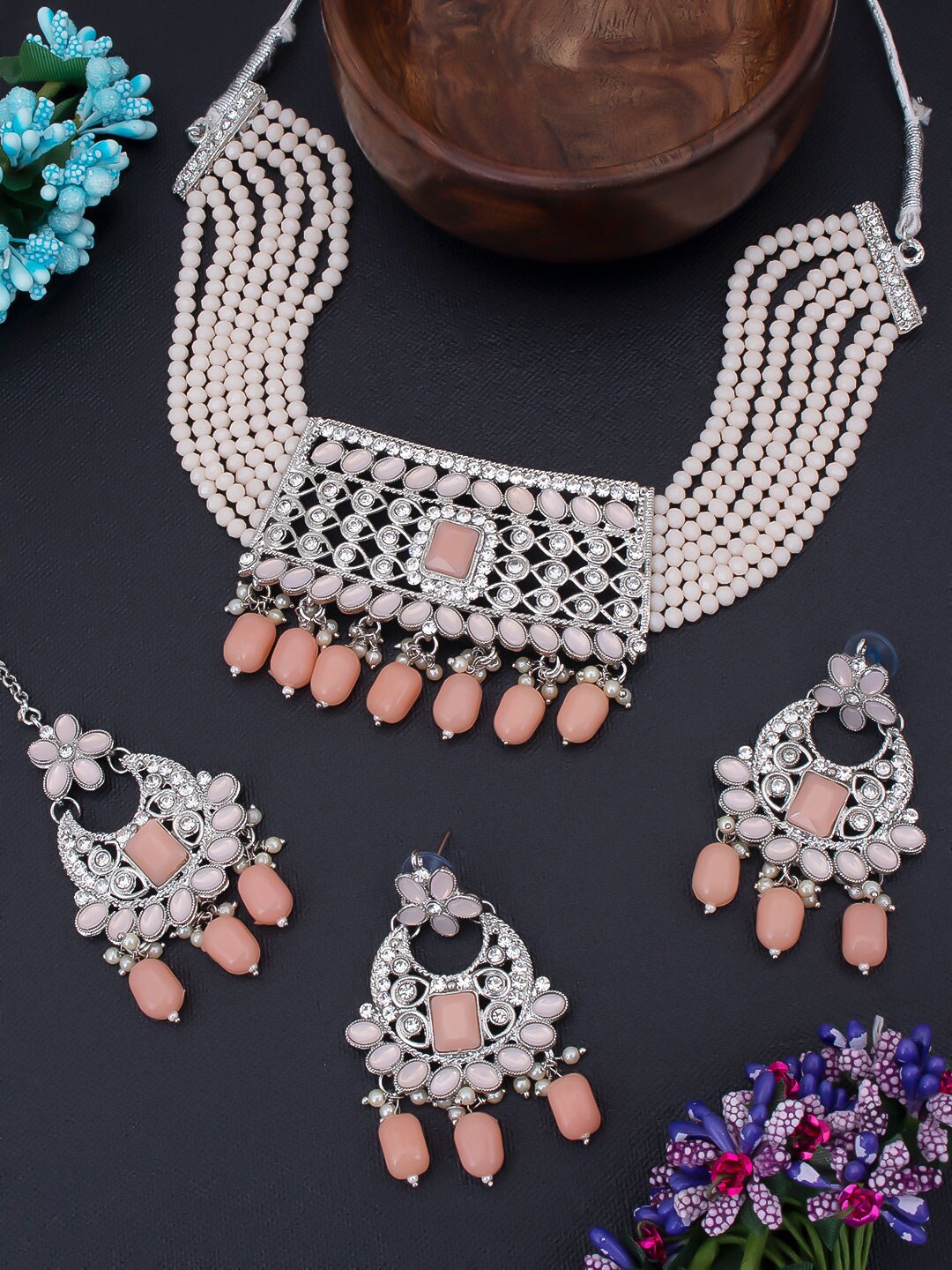 

Sukkhi Rhodium-Plated Silver-Toned & White Stone-Studded & Pearl Beaded Jewellery Set