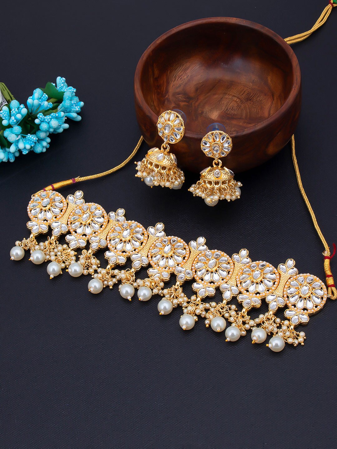 

Sukkhi Gold-Plated White Kundan-Studded & Beaded Jewellery Set