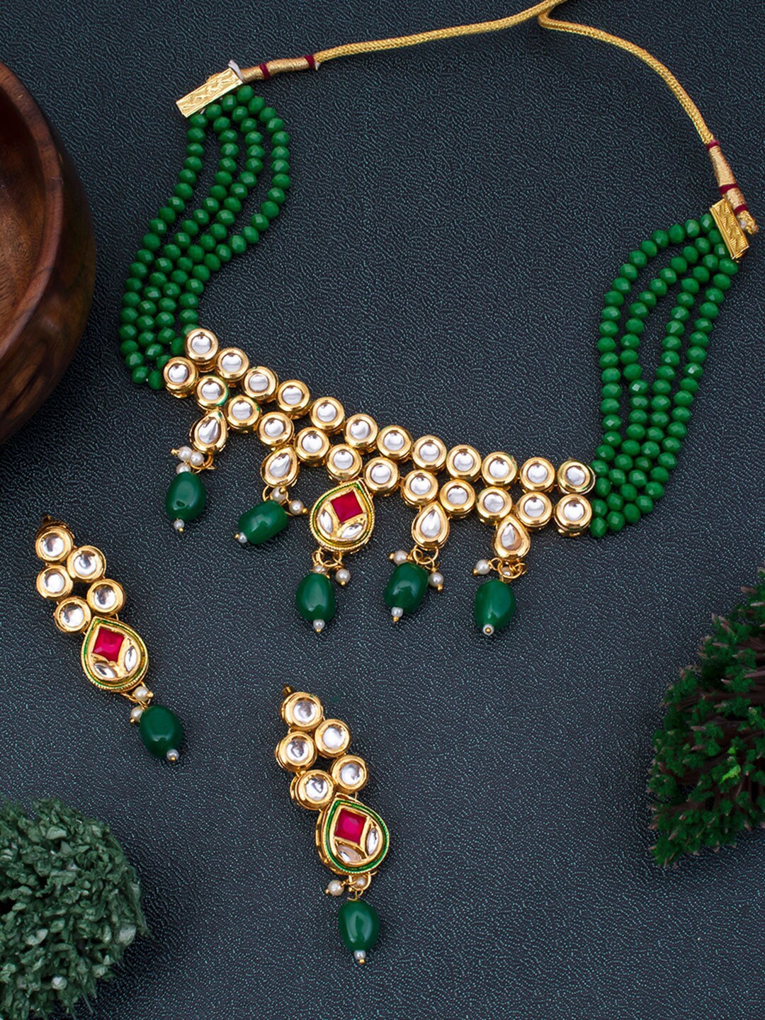 

Sukkhi Gold-Plated White & Green Kundan-Studded & Beaded Jewellery Set