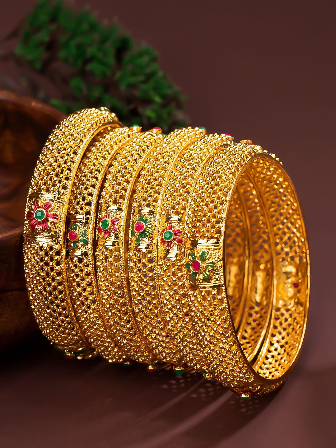 

Sukkhi Set Of 6 Gold-Plated Green & Pink Stone-Studded Bangles