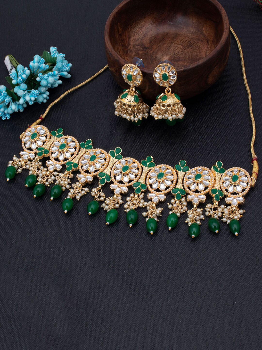 

Sukkhi Women Green Gold-Plated Choker Kundan Necklace Set With Earrings