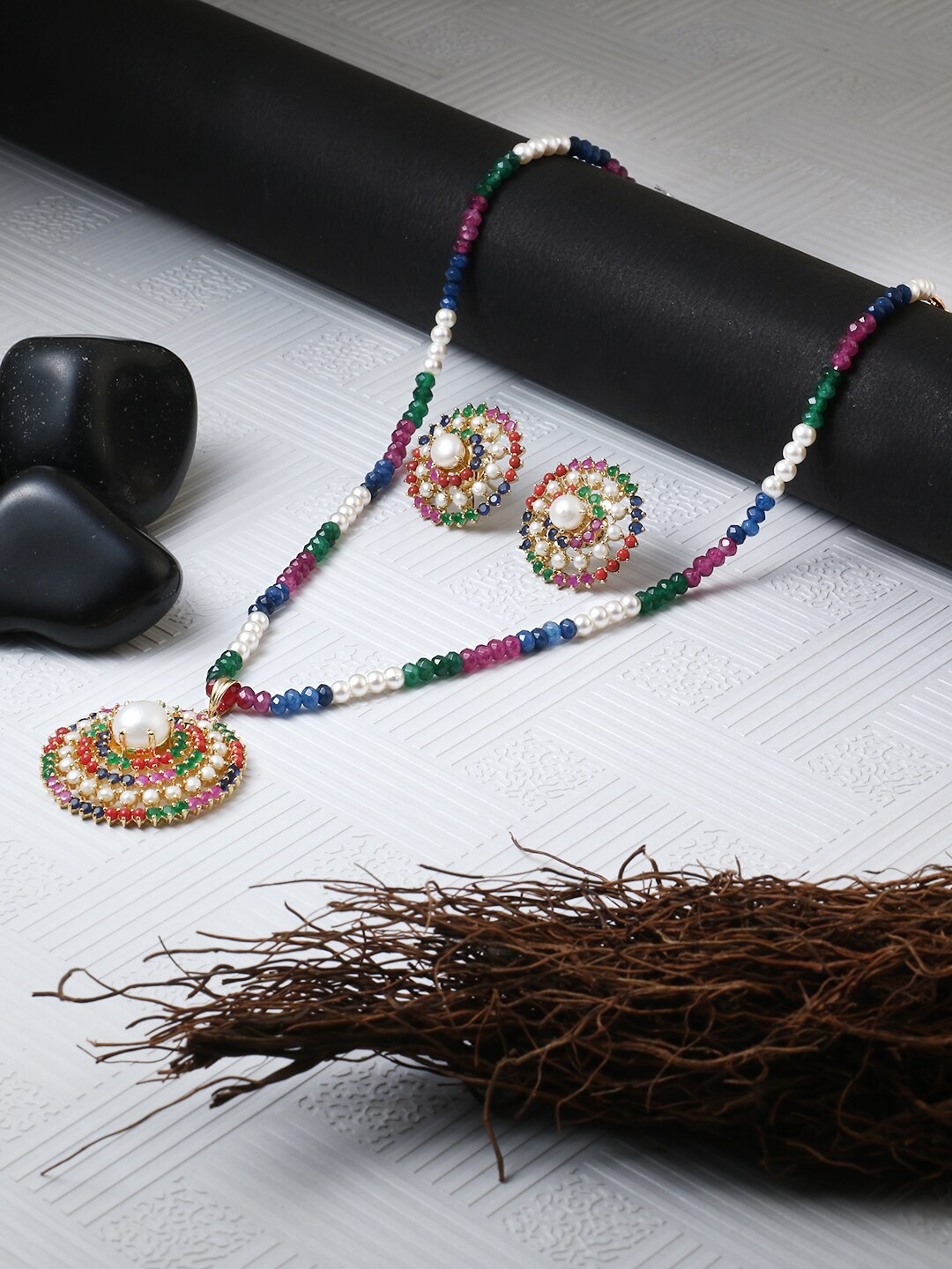 

Adwitiya Collection Gold-Plated White & Blue Stone-Studded & Beaded Handcrafted Jewellery Set
