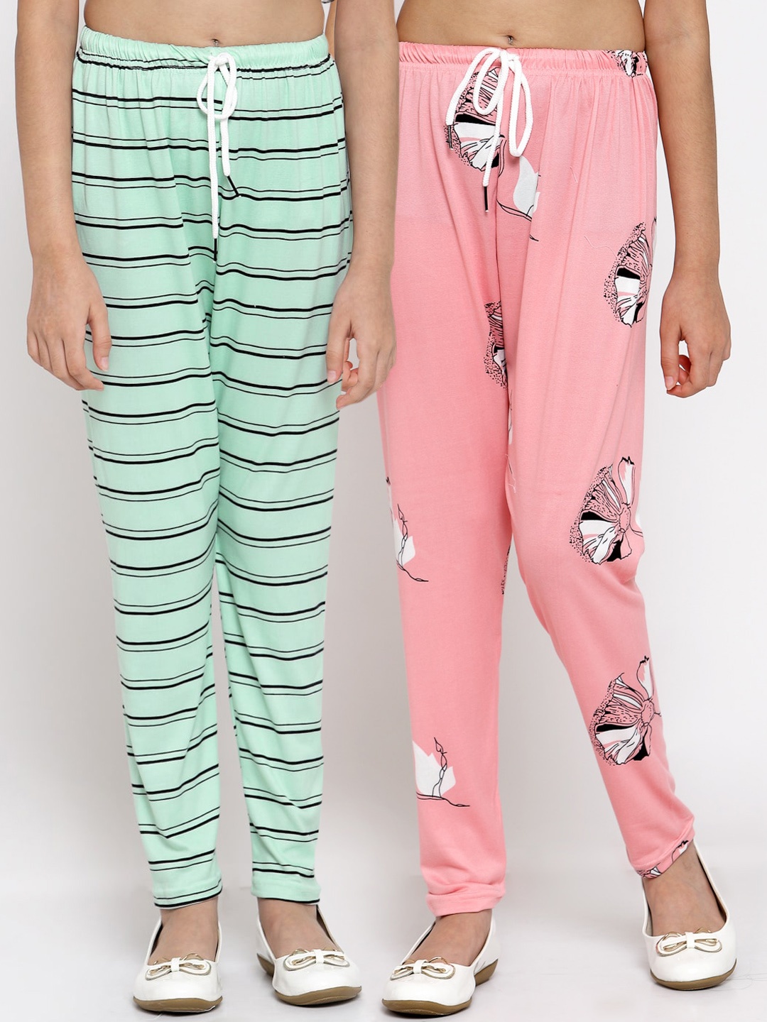 Klotthe Kids Girls Pack of 2 Green & Pink Printed Ankle Length Leggings