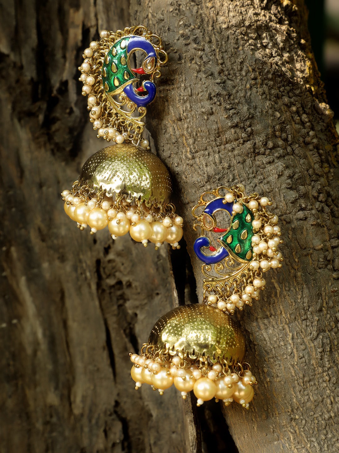 

Adwitiya Collection 24CT Gold-Toned & Green Peacock Shaped Jhumka Earrings