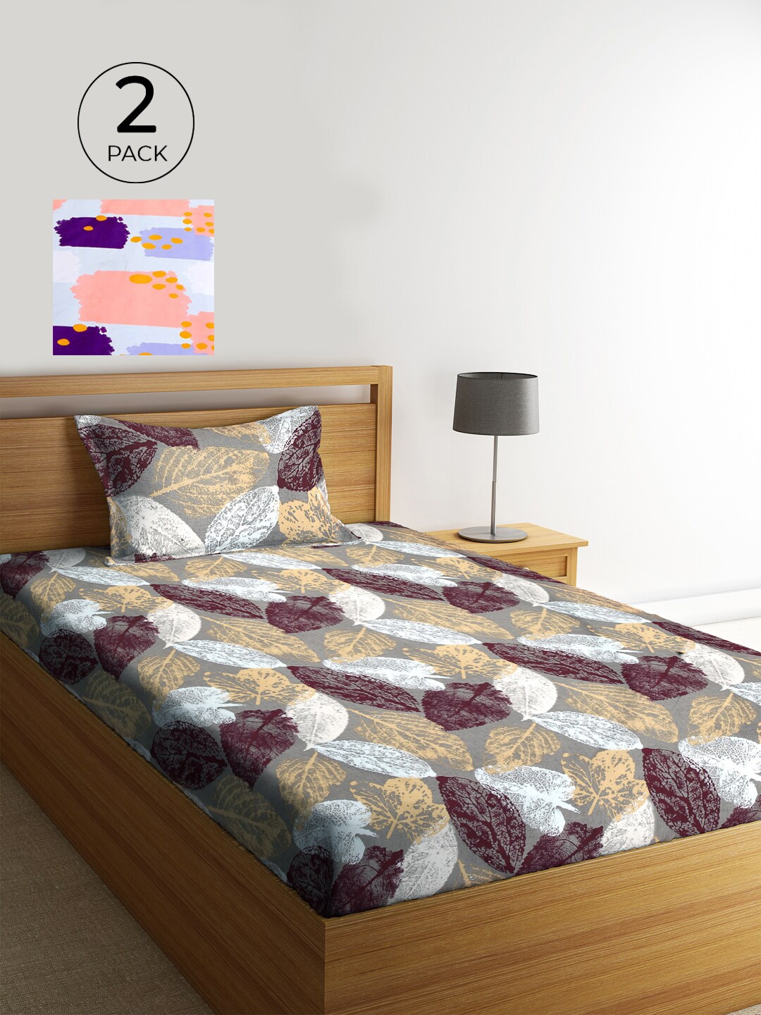 

KLOTTHE Set Of 2 Grey & Blue Floral 210 TC Single Bedsheet with 2 Pillow Covers