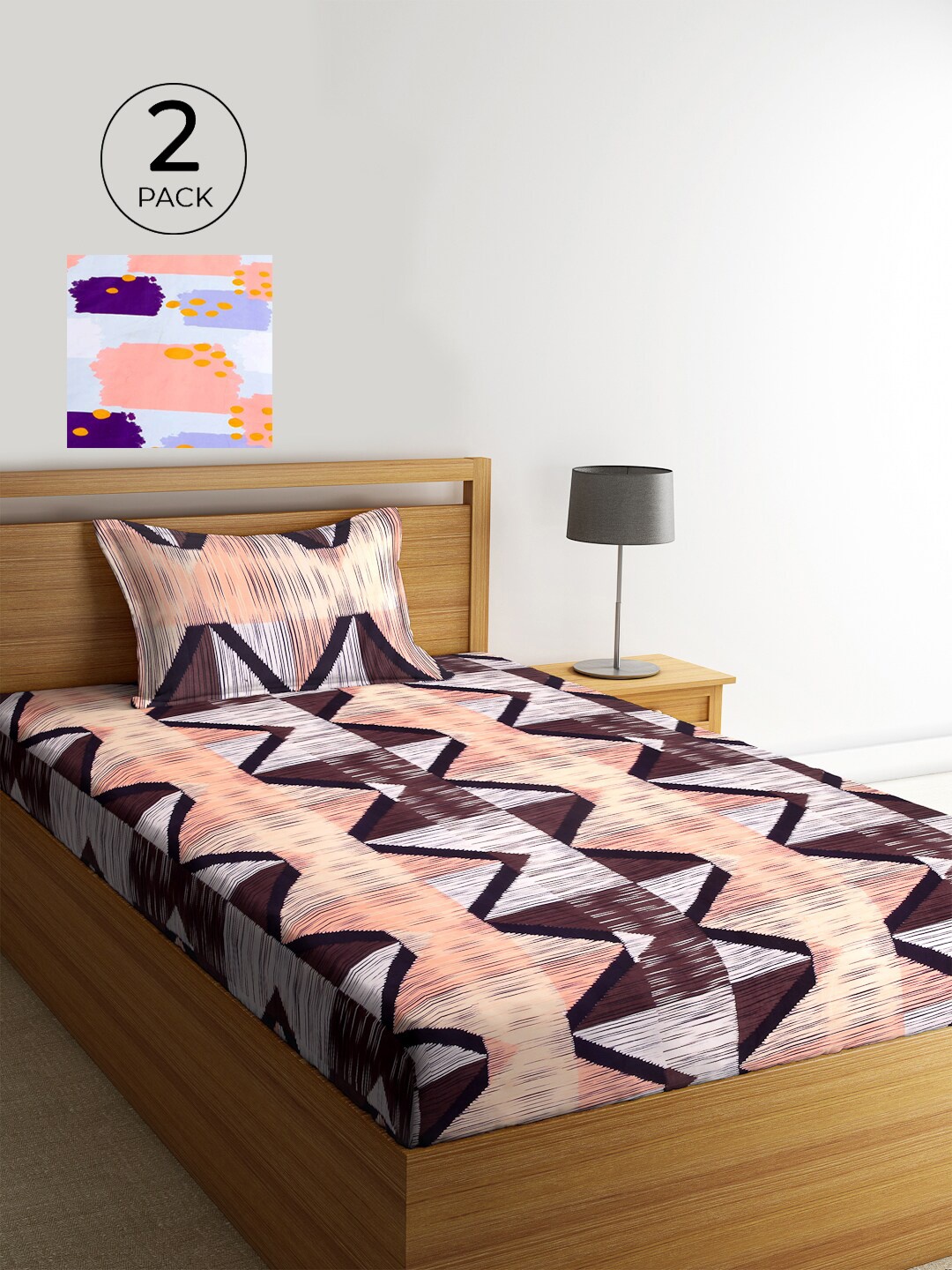 

KLOTTHE Set Of 2 Grey & Pink Geometric 210 TC Single Bedsheet with 2 Pillow Covers