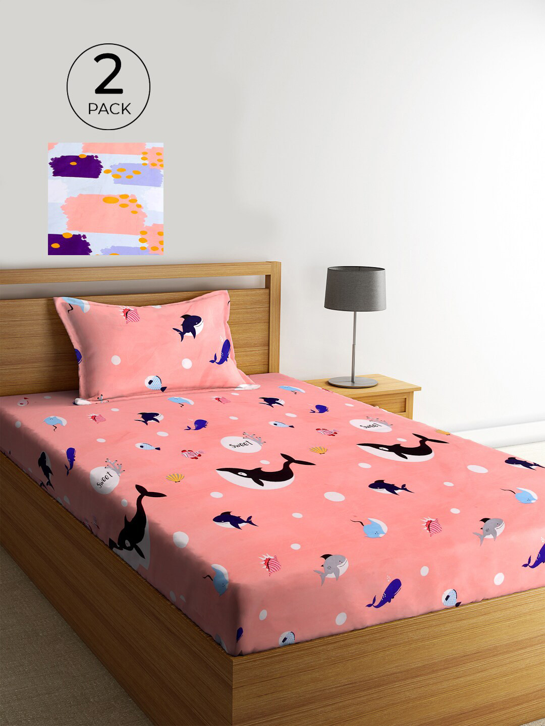 

KLOTTHE Set Of 2 Pink & Blue Abstract 210 TC Single Bedsheet with 2 Pillow Covers