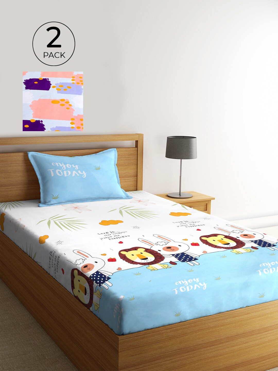 

KLOTTHE Set Of 2 White & Blue Abstract 210 TC Single Bedsheet with 2 Pillow Covers