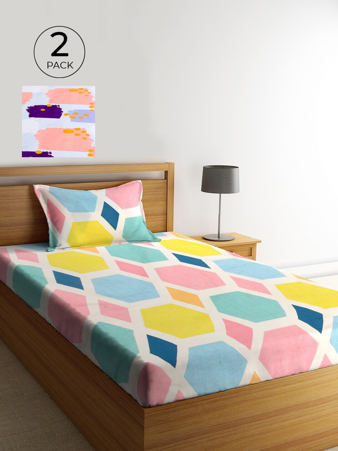 

KLOTTHE Set Of 2 White & Blue Geometric 210 TC Single Bedsheet with 2 Pillow Covers
